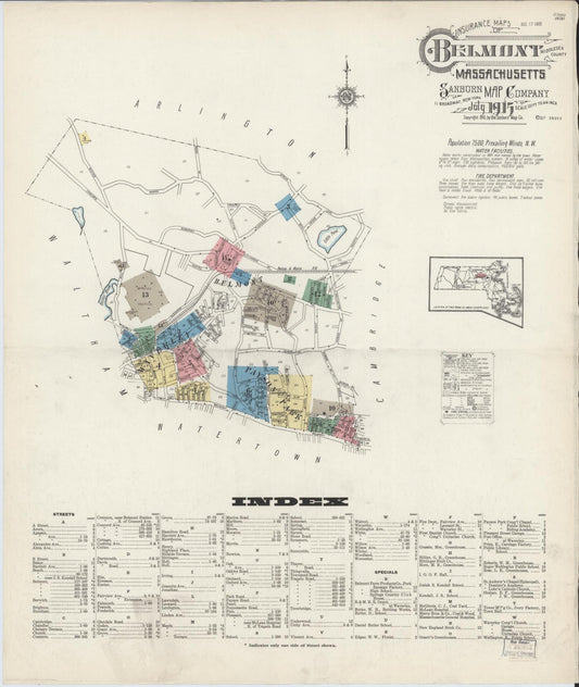 Sanborn Fire Insurance Map from Belmont, Middlesex County, Massachusetts (1915), Sheet #0001 - Historic Sanborn Fire Insurance Map Print, vintage old map wall art, antique decor, genealogy gift, Massachusetts Massachusetts map