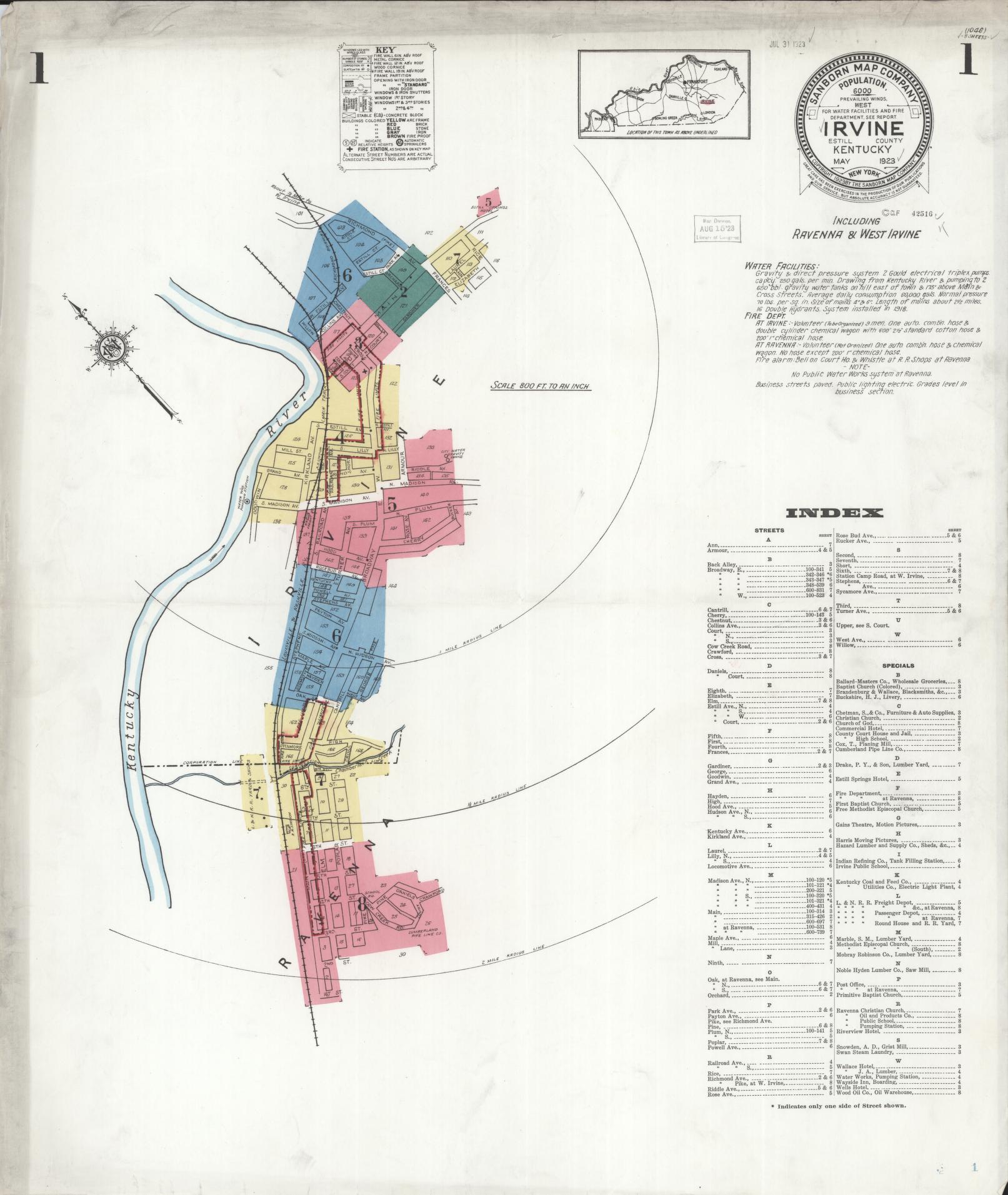 Sanborn Fire Insurance Map from Irvine, Estill County, Kentucky (1923), Sheet #0001 - Historic Sanborn Fire Insurance Map Print, vintage old map wall art, antique decor, genealogy gift, Kentucky Kentucky map