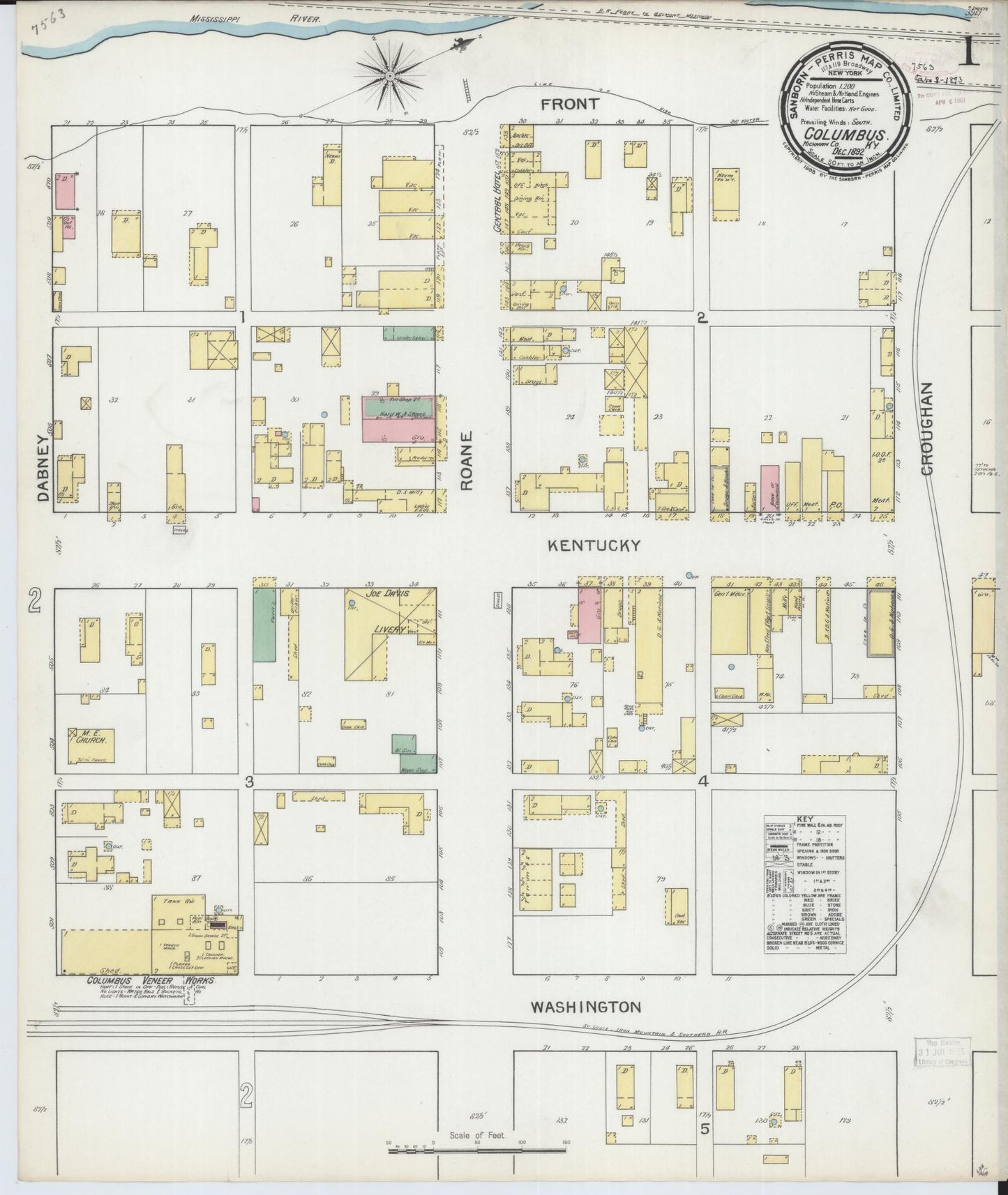 Sanborn Fire Insurance Map from Columbus, Hickman County, Kentucky (1892), Sheet #0001 - Historic Sanborn Fire Insurance Map Print, vintage old map wall art, antique decor, genealogy gift, Kentucky Kentucky map