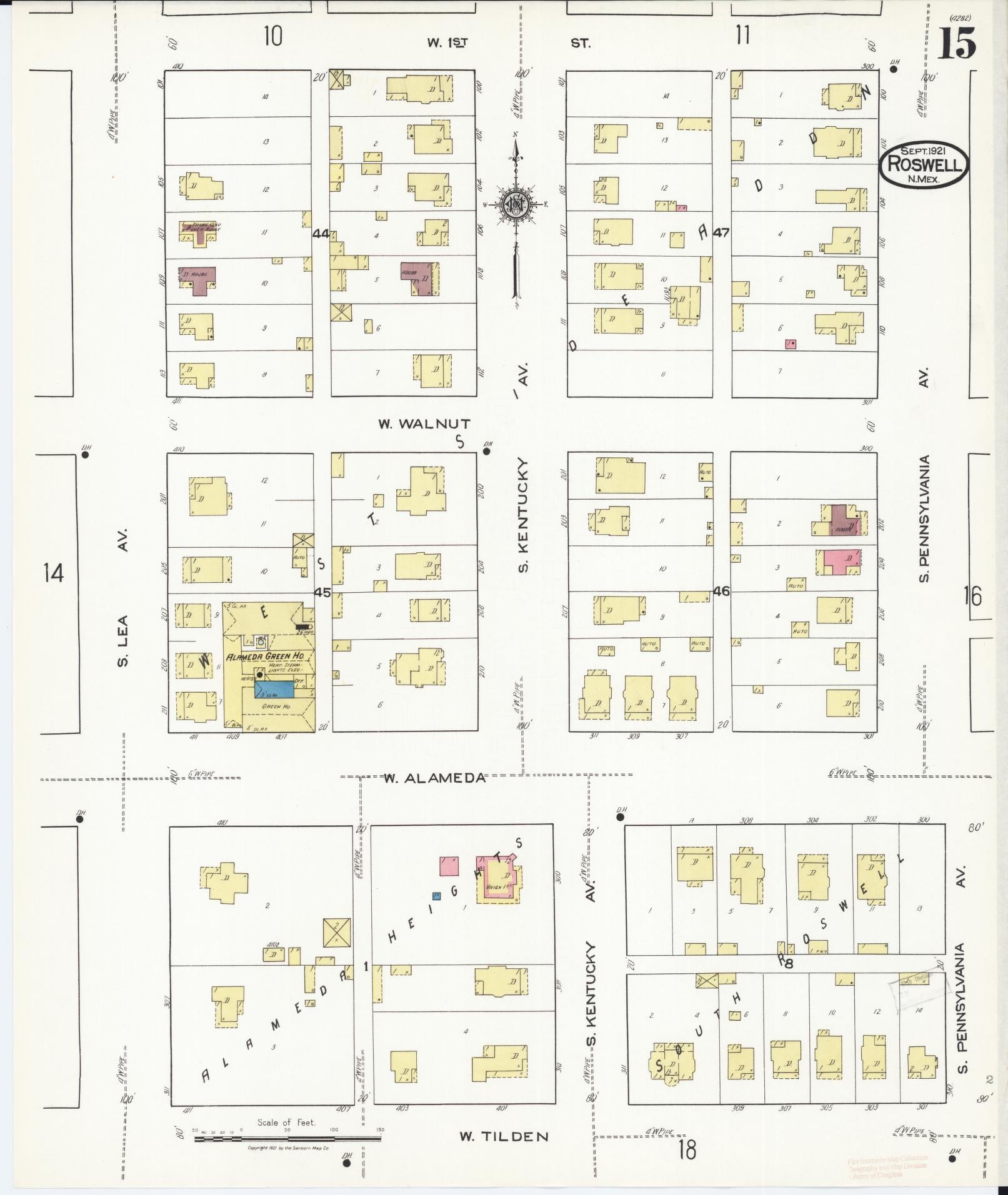Sanborn Fire Insurance Map from Roswell, Chaves County, New Mexico (1921), Sheet #0015 - Historic Sanborn Fire Insurance Map Print, vintage old map wall art, antique decor, genealogy gift, New Mexico New Mexico map