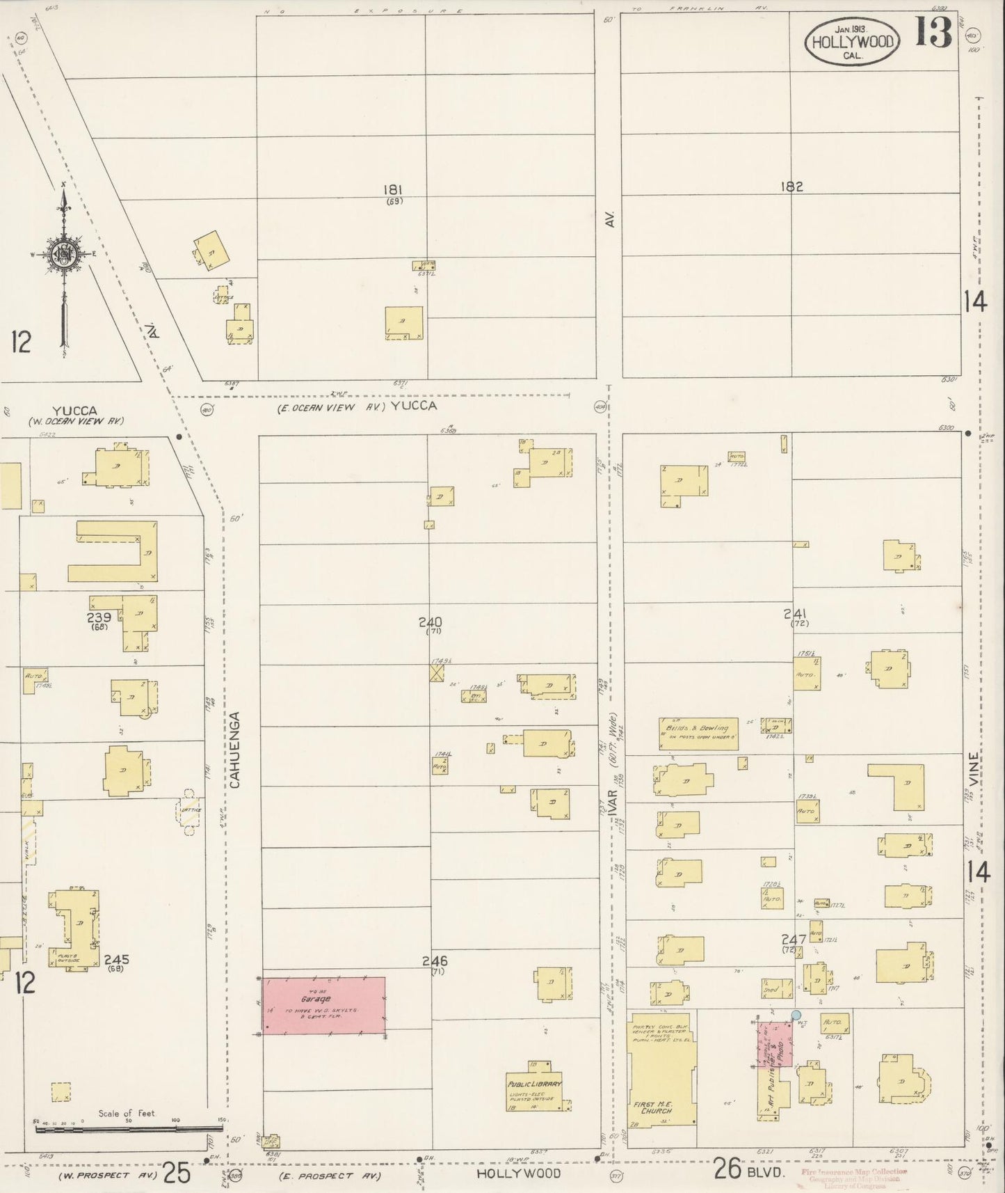 Sanborn Fire Insurance Map from Hollywood, Los Angeles County, California (1913), Sheet #0013 - Historic Sanborn Fire Insurance Map Print, vintage old map wall art, antique decor, genealogy gift, California California map