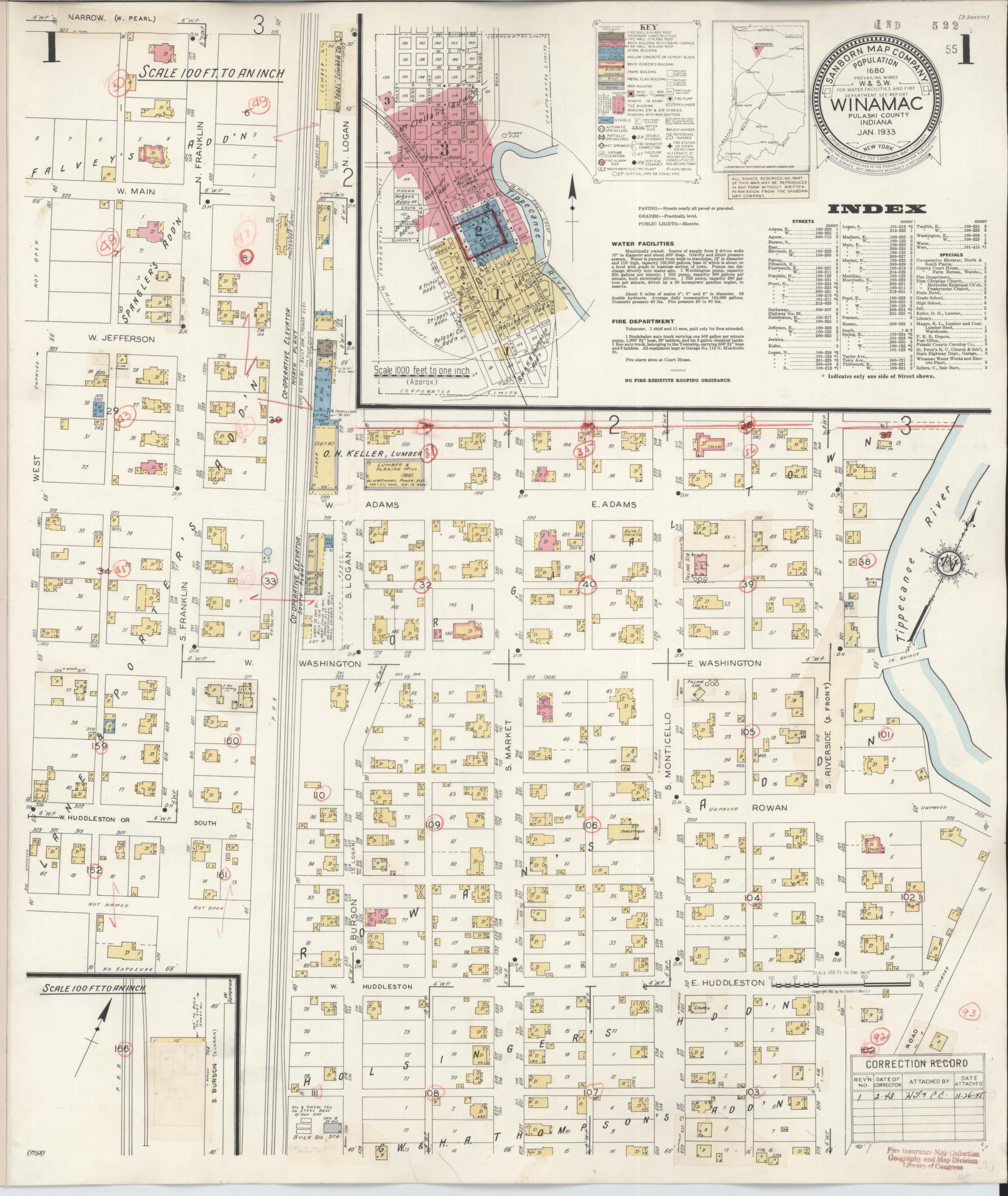 Sanborn Fire Insurance Map from Winamac, Pulaski County, Indiana (1943), Sheet #0001 - Historic Sanborn Fire Insurance Map Print, vintage old map wall art, antique decor, genealogy gift, Indiana Indiana map