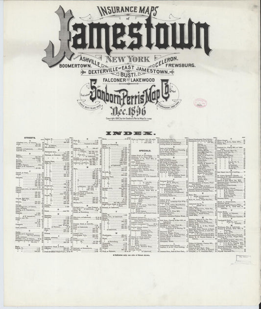 Sanborn Fire Insurance Map from Jamestown, Chautauqua County, New York (1896), Sheet #0001 - Historic Sanborn Fire Insurance Map Print, vintage old map wall art, antique decor, genealogy gift, New York New York map