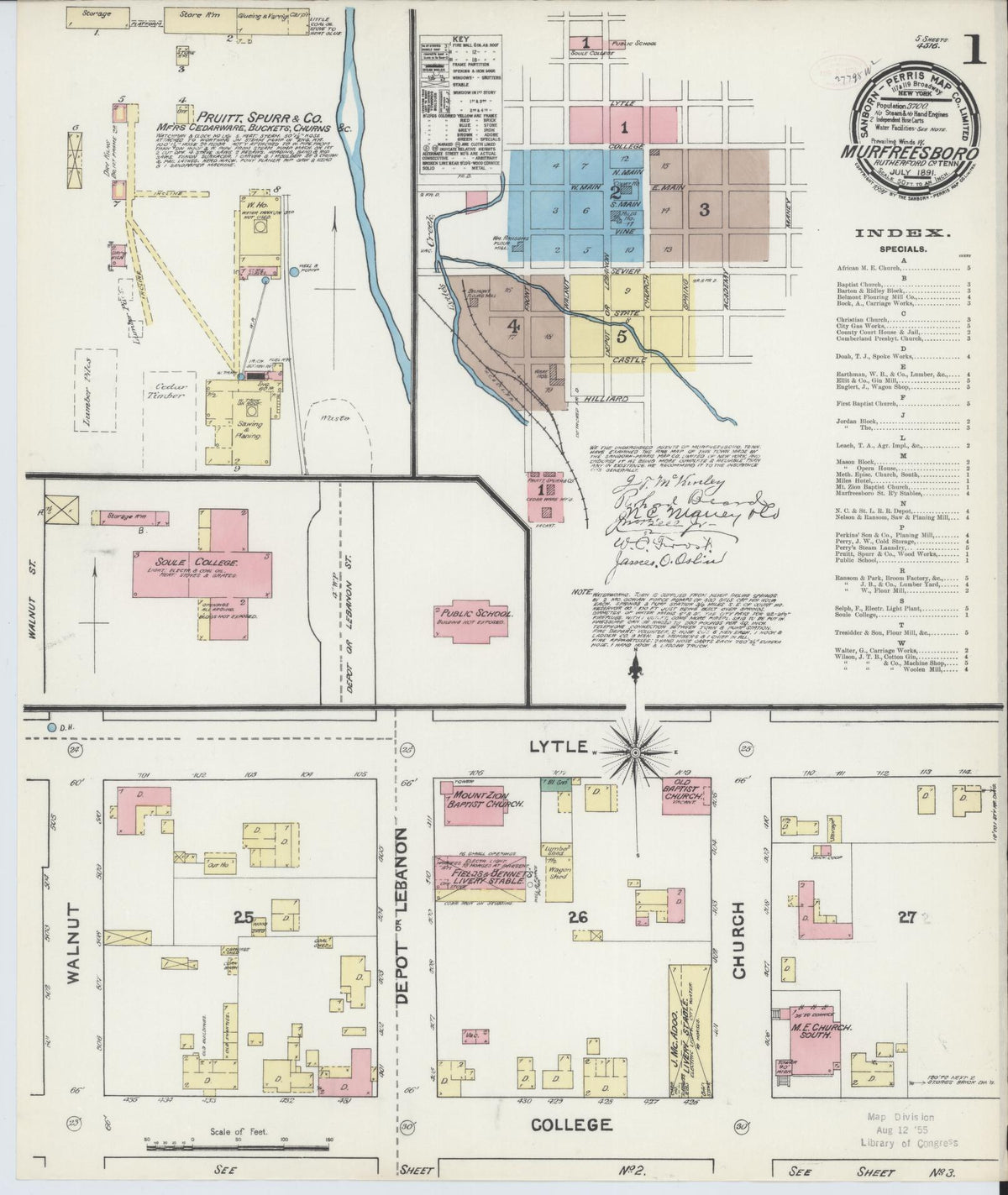 Sanborn Fire Insurance Map from Murfreesboro, Rutherford County, Tennessee (1891), Sheet #0001 - Historic Sanborn Fire Insurance Map Print, vintage old map wall art, antique decor, genealogy gift, Tennessee Tennessee map