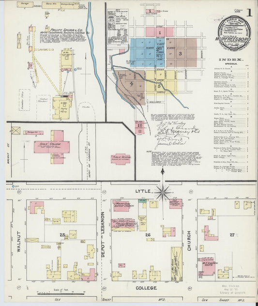 Sanborn Fire Insurance Map from Murfreesboro, Rutherford County, Tennessee (1891), Sheet #0001 - Historic Sanborn Fire Insurance Map Print, vintage old map wall art, antique decor, genealogy gift, Tennessee Tennessee map