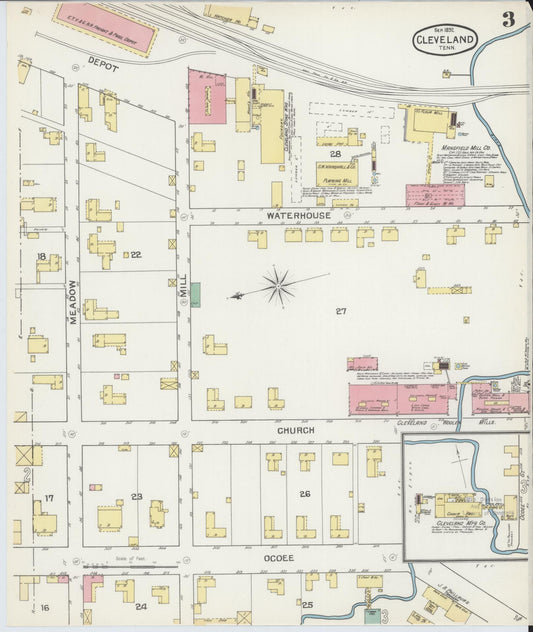 Sanborn Fire Insurance Map from Cleveland, Bradley County, Tennessee (1892), Sheet #0003 - Historic Sanborn Fire Insurance Map Print, vintage old map wall art, antique decor, genealogy gift, Tennessee Tennessee map