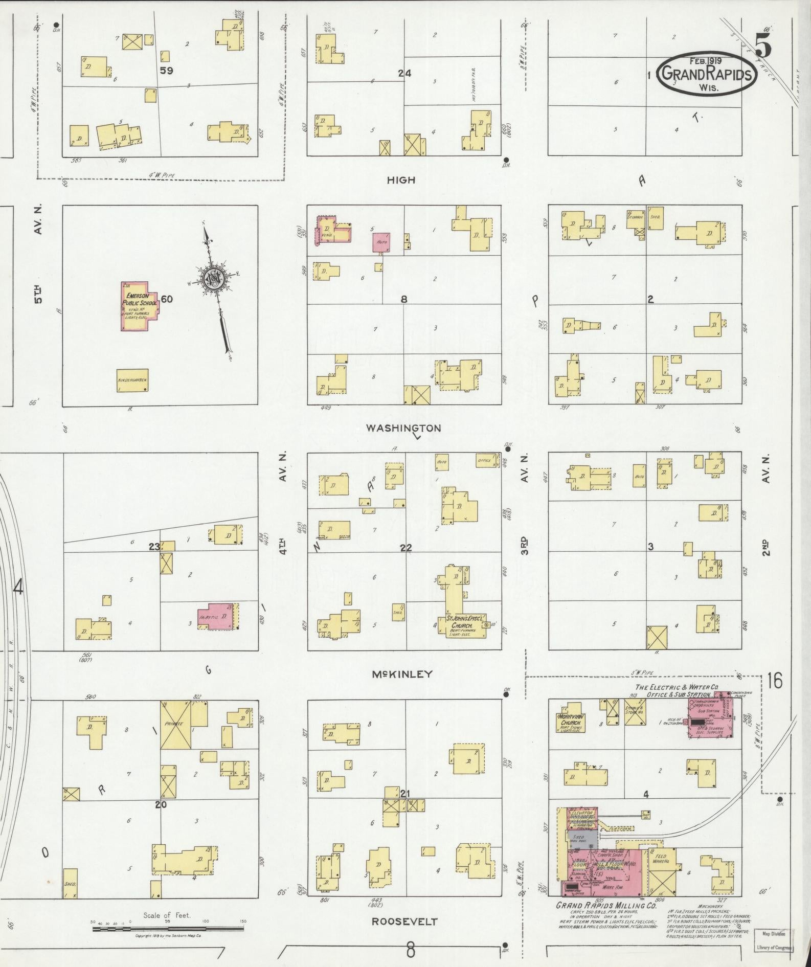 Sanborn Fire Insurance Map from Grand Rapids, Wood County, Wisconsin (1919), Sheet #0005 - Historic Sanborn Fire Insurance Map Print, vintage old map wall art, antique decor, genealogy gift, Wisconsin Wisconsin map