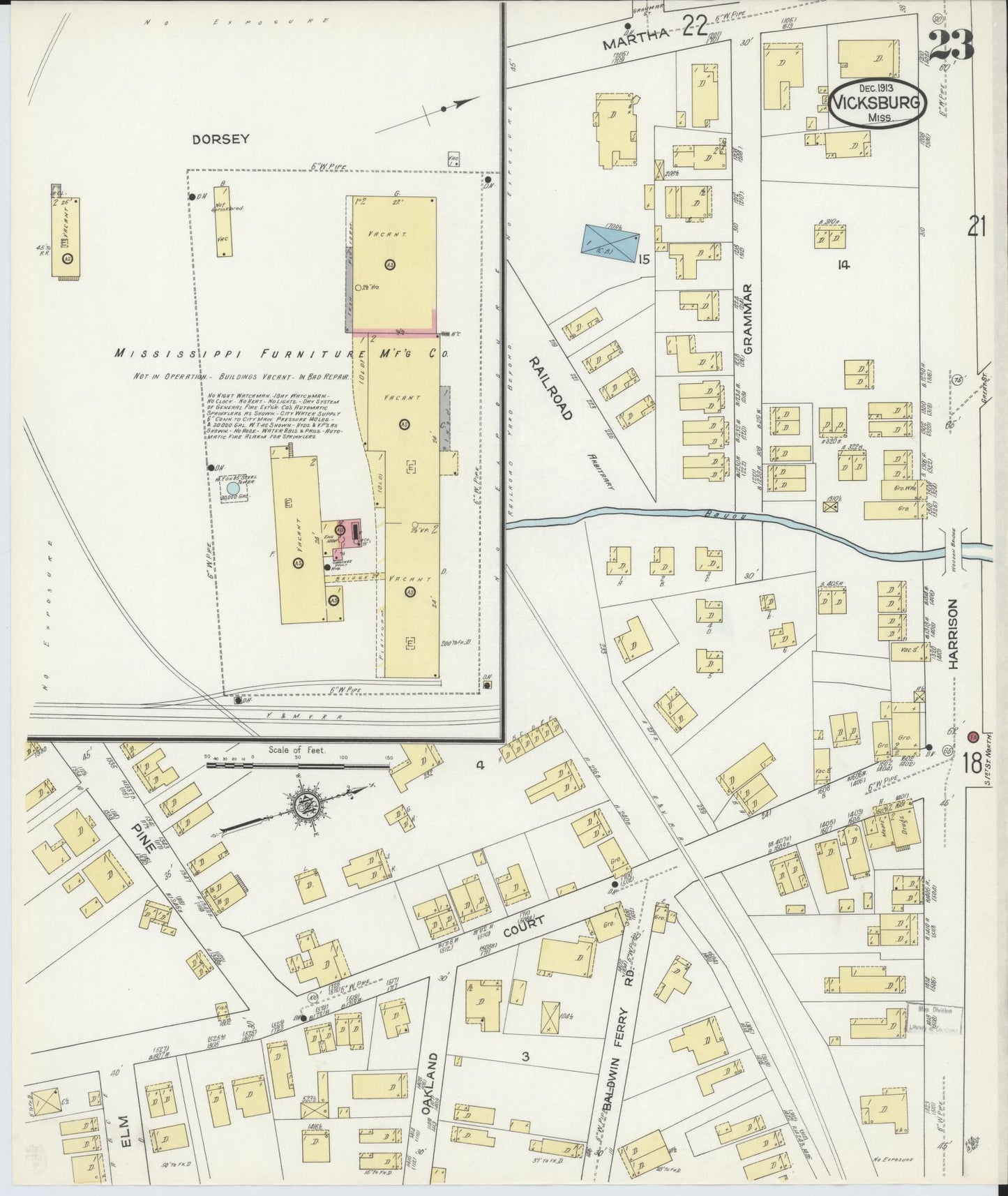 Sanborn Fire Insurance Map from Vicksburg, Warren County, Mississippi (1913), Sheet #0023 - Historic Sanborn Fire Insurance Map Print, vintage old map wall art, antique decor, genealogy gift, Mississippi Mississippi map