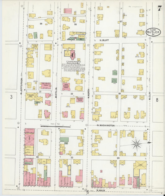 Sanborn Fire Insurance Map from Butler, Butler County, Pennsylvania (1901), Sheet #0007 - Historic Sanborn Fire Insurance Map Print, vintage old map wall art, antique decor, genealogy gift, Pennsylvania Pennsylvania map