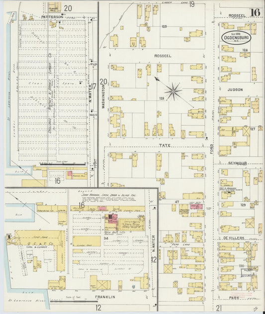 Sanborn Fire Insurance Map from Ogdensburg, St. Lawrence County, New York (1898), Sheet #0016 - Historic Sanborn Fire Insurance Map Print, vintage old map wall art, antique decor, genealogy gift, New York New York map