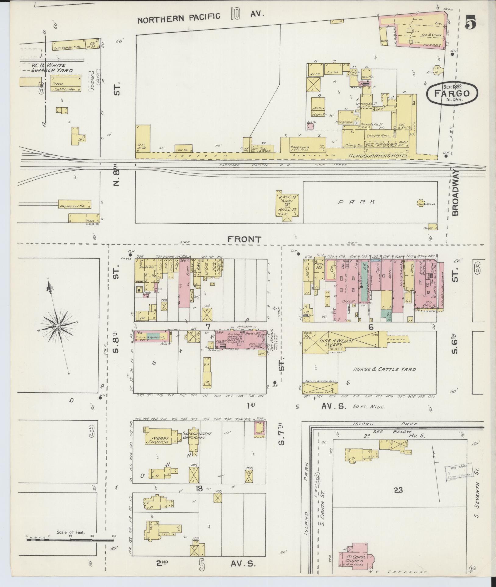 Sanborn Fire Insurance Map from Fargo, Cass County, North Dakota (1892), Sheet #0005 - Historic Sanborn Fire Insurance Map Print, vintage old map wall art, antique decor, genealogy gift, North Dakota North Dakota map