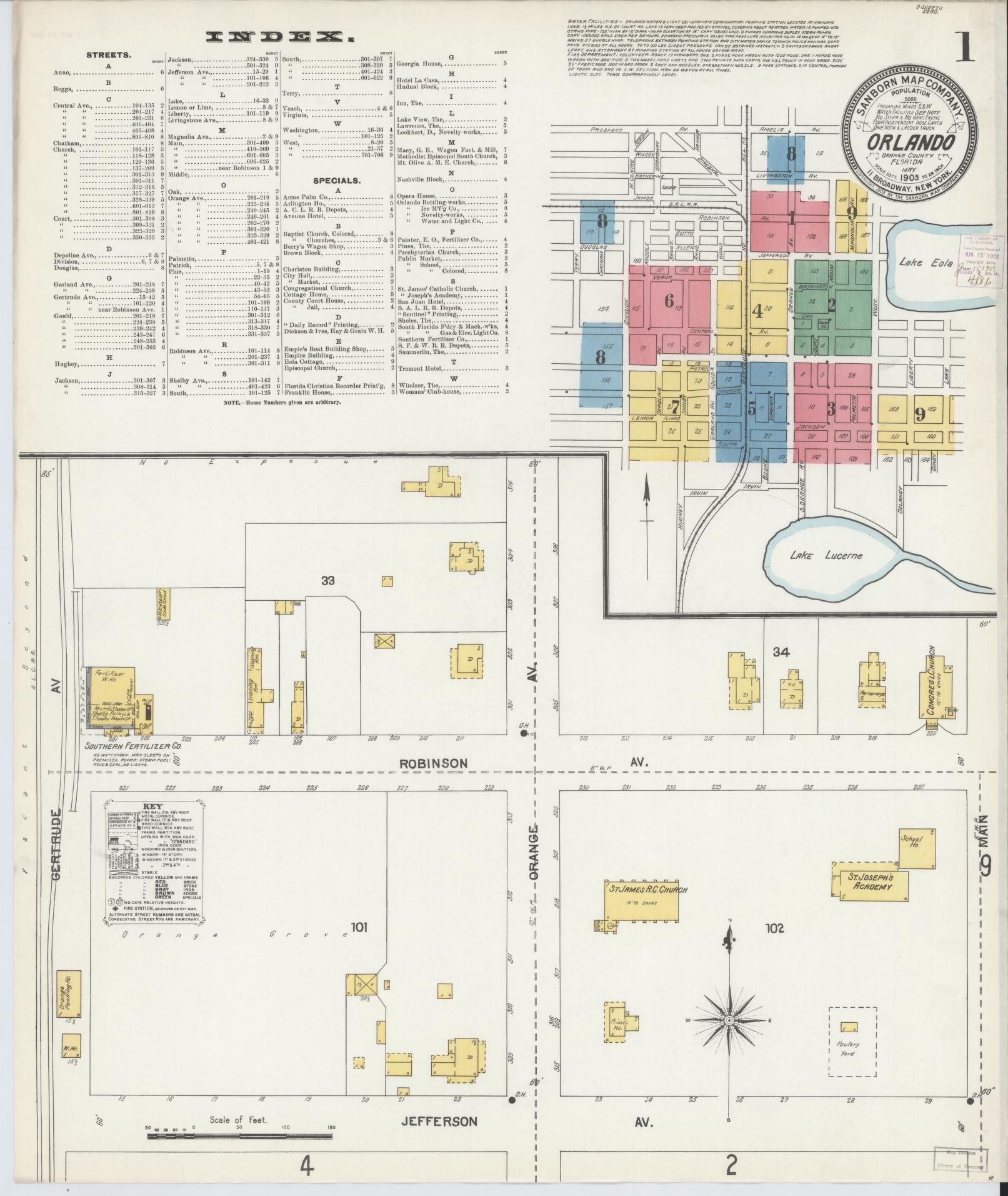 Sanborn Fire Insurance Map from Orlando, Orange County, Florida (1903), Sheet #0001 - Complete Map Set gallery image, historic Sanborn map, vintage wall art, Florida Florida
