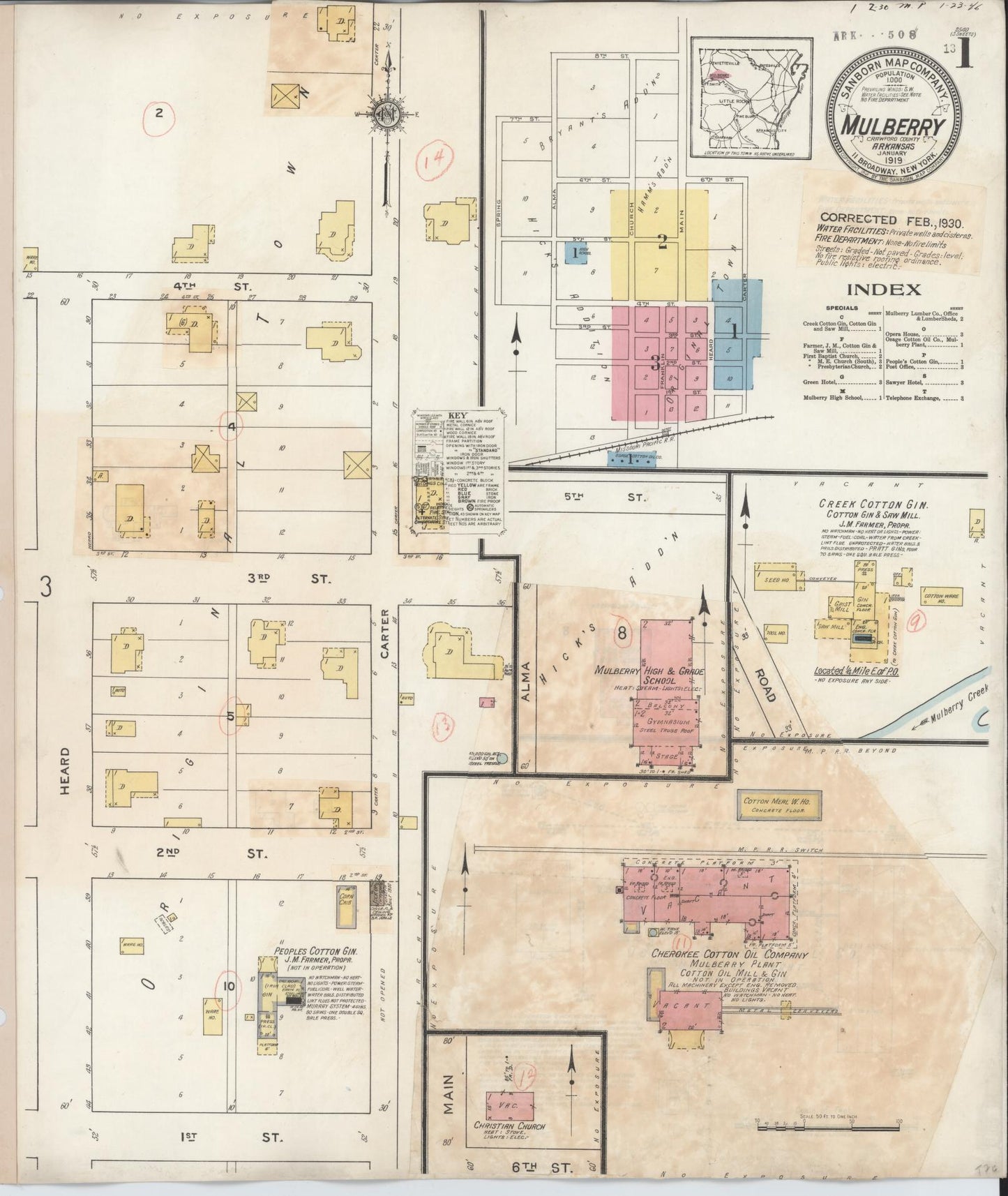 Sanborn Fire Insurance Map from Mulberry, Crawford County, Arkansas (1930), Sheet #0001 - Complete Map Set gallery image, historic Sanborn map, vintage wall art, Arkansas Arkansas