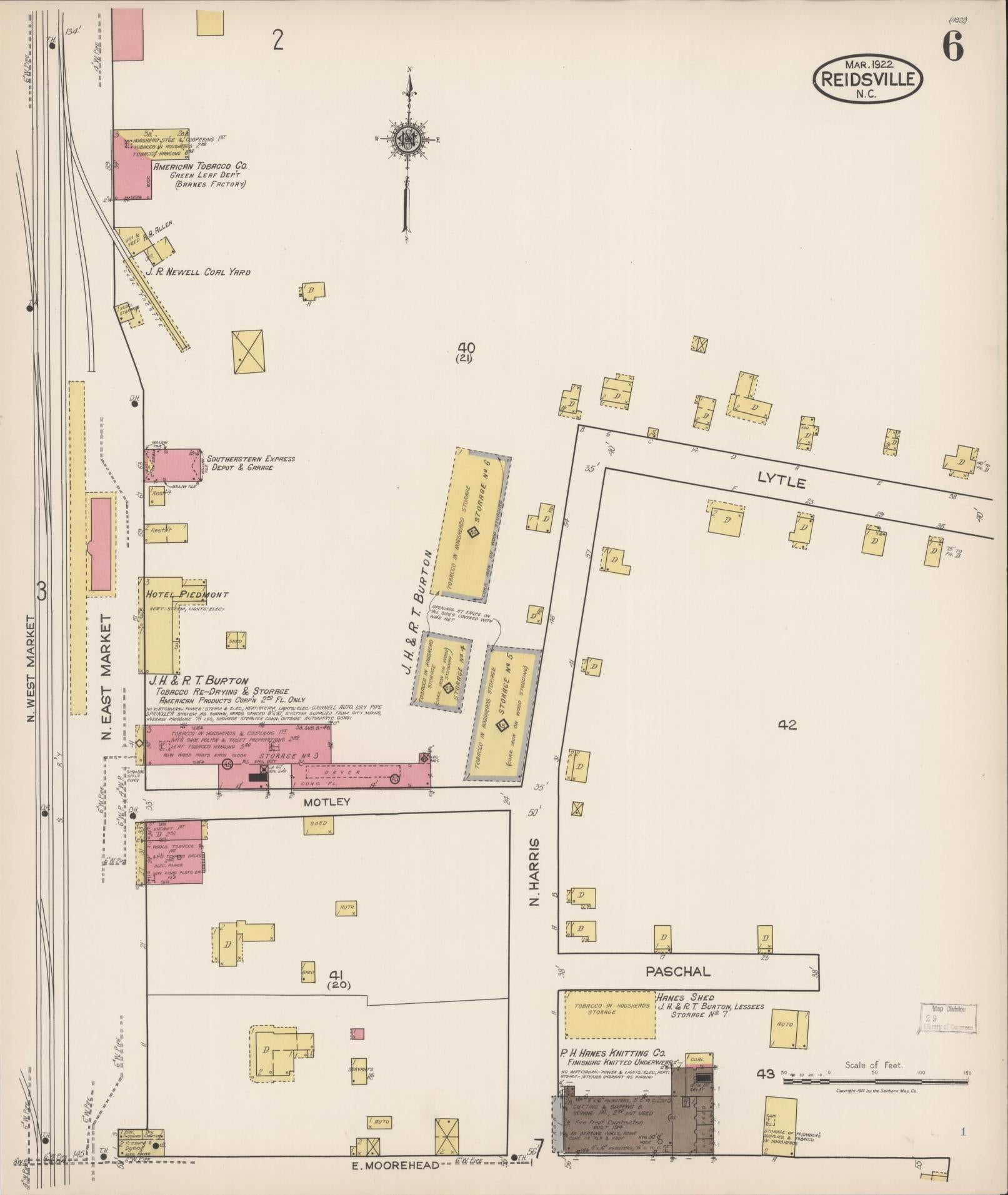 Sanborn Fire Insurance Map from Reidsville, Rockingham County, North Carolina (1922), Sheet #0006 - Complete Map Set gallery image, historic Sanborn map, vintage wall art, North Carolina North Carolina