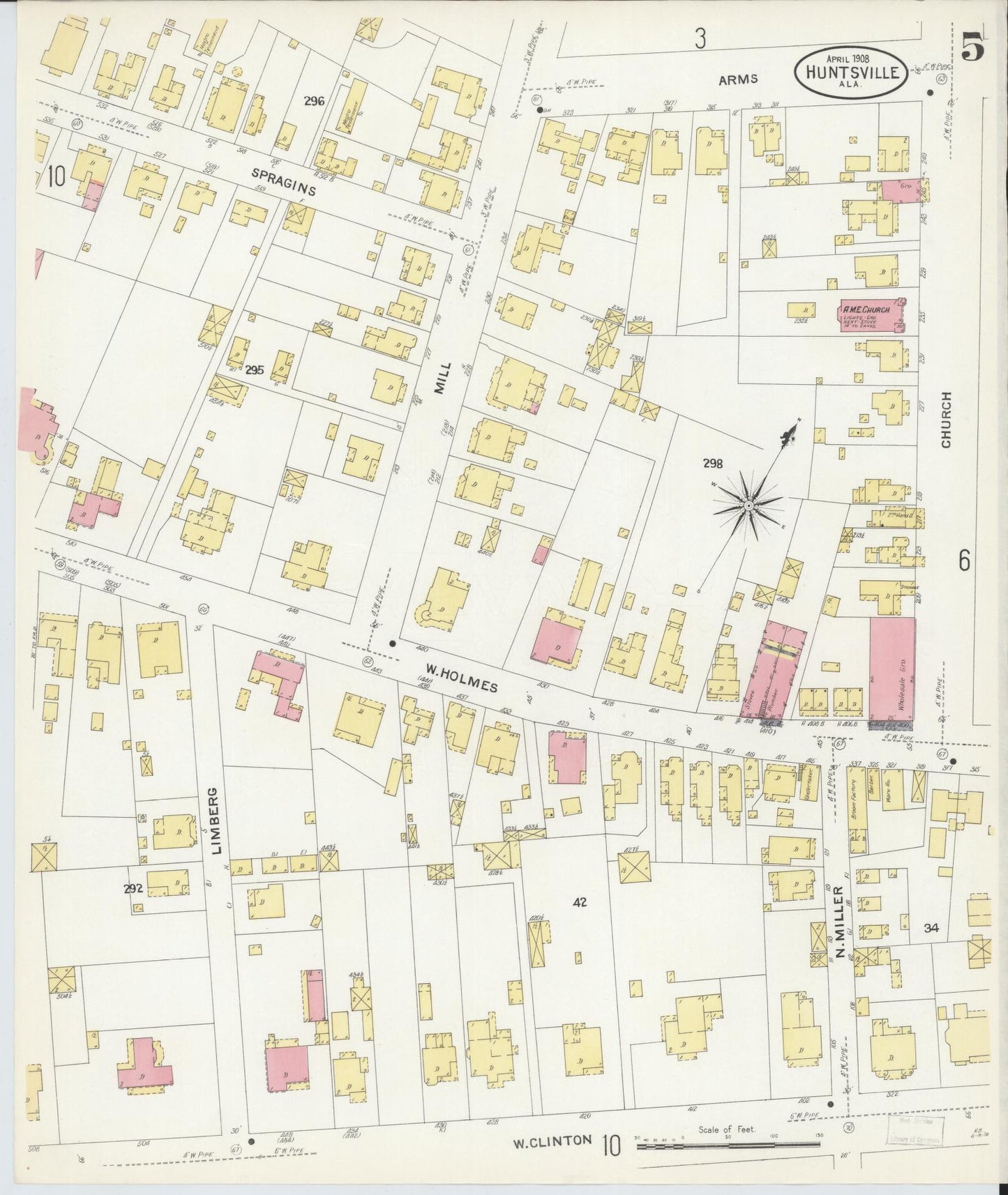 Sanborn Fire Insurance Map from Huntsville, Madison County, Alabama (1908), Sheet #0005 - Complete Map Set gallery image, historic Sanborn map, vintage wall art, Alabama Alabama
