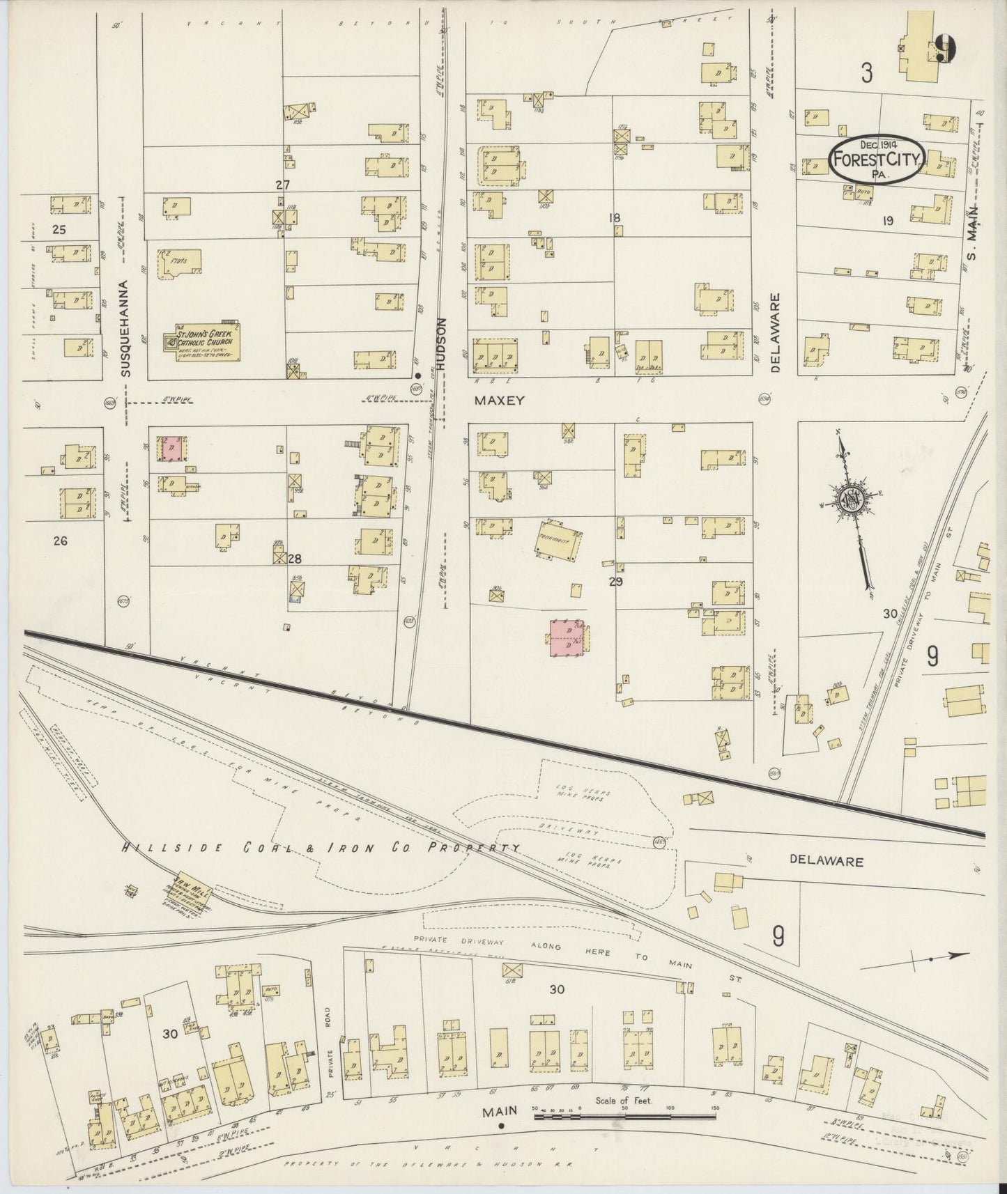 Sanborn Fire Insurance Map from Forest City, Susquehanna County, Pennsylvania (1914), Sheet #0009 - Historic Sanborn Fire Insurance Map Print, vintage old map wall art, antique decor, genealogy gift, Pennsylvania Pennsylvania map