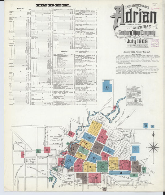 Sanborn Fire Insurance Map from Adrian, Lenawee County, Michigan (1908), Sheet #0001 - Complete Map Set gallery image, historic Sanborn map, vintage wall art, Michigan Michigan