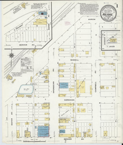 Sanborn Fire Insurance Map from Holyoke, Phillips County, Colorado (1911), Sheet #0001 - Complete Map Set gallery image, historic Sanborn map, vintage wall art, Colorado Colorado