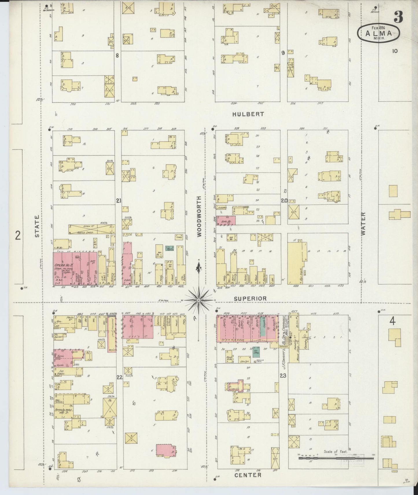 Sanborn Fire Insurance Map from Alma, Gratiot County, Michigan (1896), Sheet #0003 - Complete Map Set gallery image, historic Sanborn map, vintage wall art, Michigan Michigan