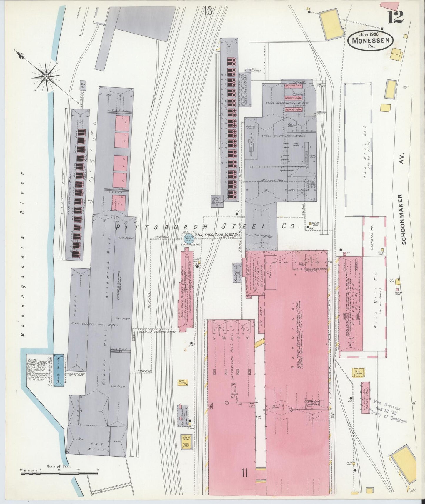Sanborn Fire Insurance Map from Monessen, Westmoreland County, Pennsylvania (1908), Sheet #0012 - Complete Map Set gallery image, historic Sanborn map, vintage wall art, Pennsylvania Pennsylvania