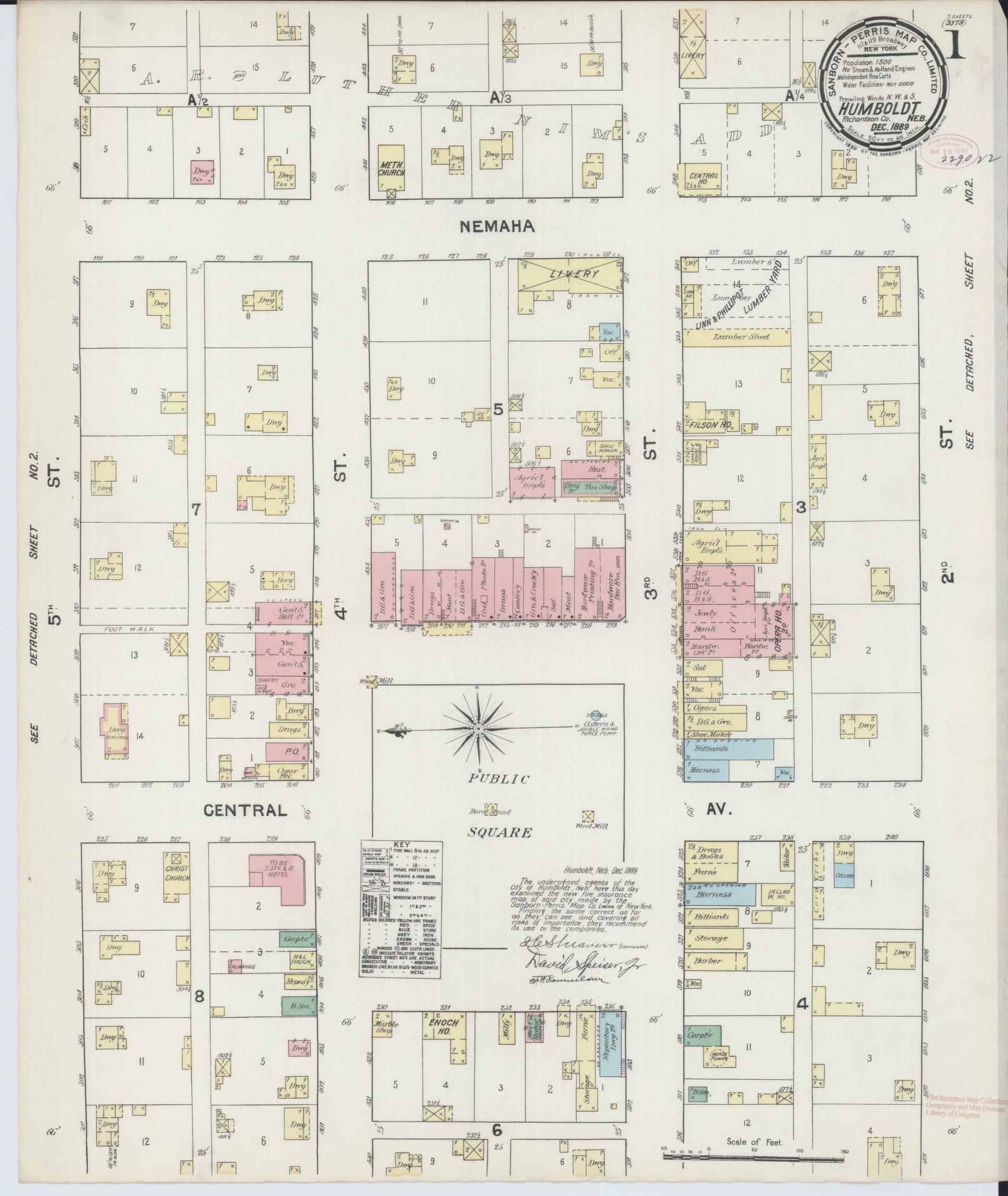 Sanborn Fire Insurance Map from Humboldt, Richardson County, Nebraska (1889), Sheet #0001 - Complete Map Set gallery image, historic Sanborn map, vintage wall art, Nebraska Nebraska