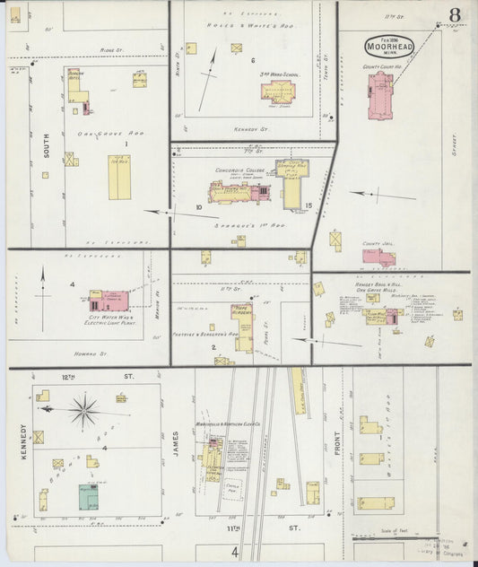 Sanborn Fire Insurance Map from Moorhead, Clay County, Minnesota (1896), Sheet #0008 - Historic Sanborn Fire Insurance Map Print, vintage old map wall art, antique decor, genealogy gift, Minnesota Minnesota map