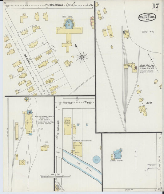 Sanborn Fire Insurance Map from Waukesha, Waukesha County, Wisconsin (1895), Sheet #0017 - Historic Sanborn Fire Insurance Map Print, vintage old map wall art, antique decor, genealogy gift, Wisconsin Wisconsin map
