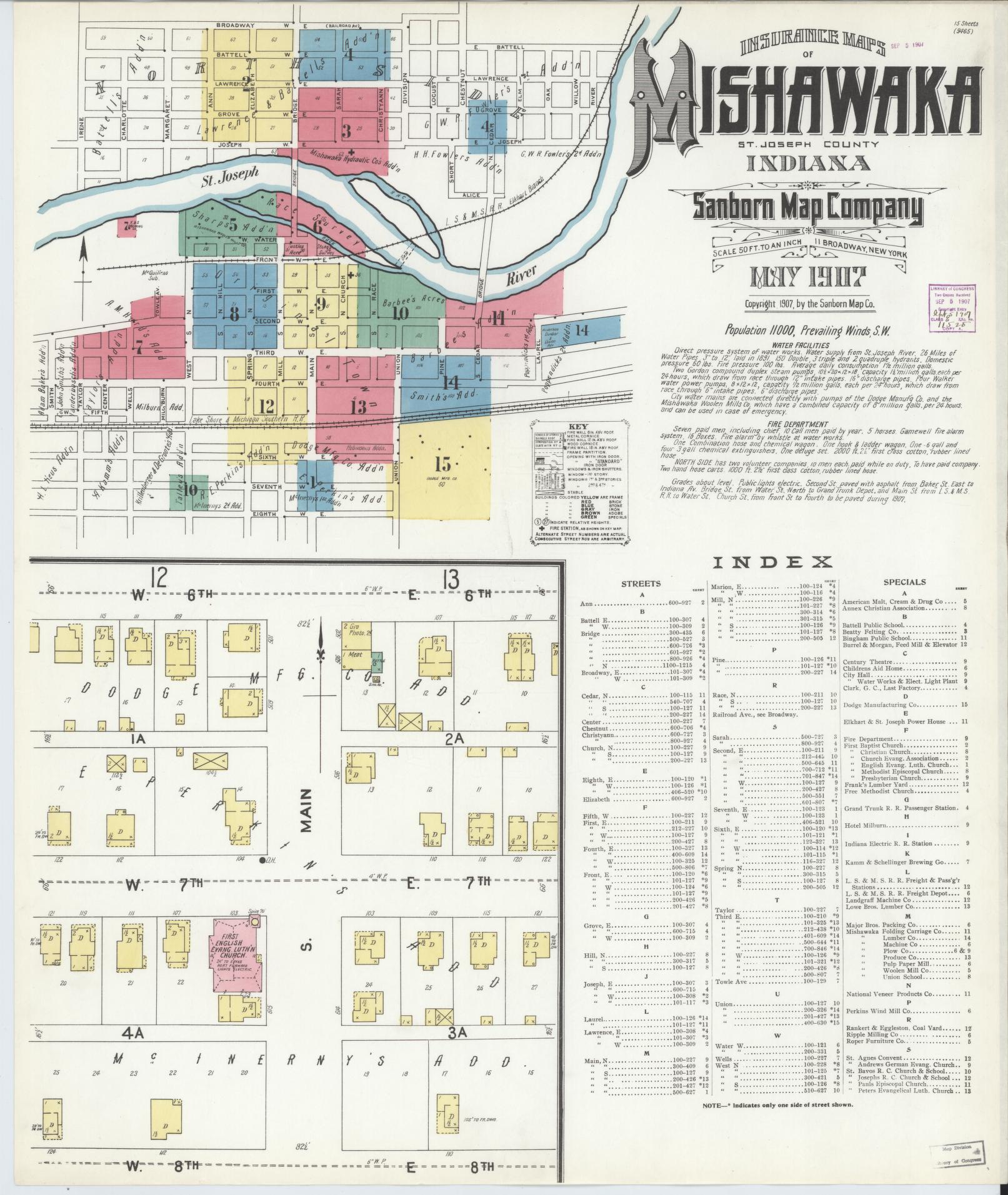 Sanborn Fire Insurance Map from Mishawaka, Saint Joseph County, Indiana (1907), Sheet #0001 - Complete Map Set gallery image, historic Sanborn map, vintage wall art, Indiana Indiana
