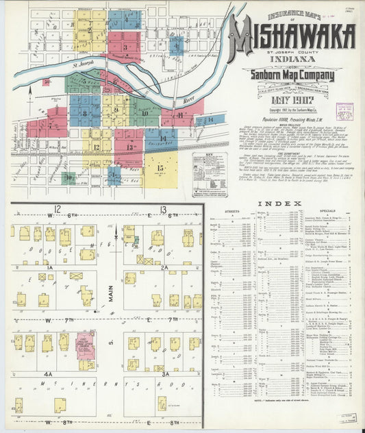 Sanborn Fire Insurance Map from Mishawaka, Saint Joseph County, Indiana (1907), Sheet #0001 - Complete Map Set gallery image, historic Sanborn map, vintage wall art, Indiana Indiana