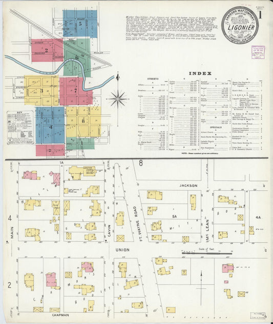 Sanborn Fire Insurance Map from Ligonier, Noble County, Indiana (1907), Sheet #0001 - Complete Map Set gallery image, historic Sanborn map, vintage wall art, Indiana Indiana