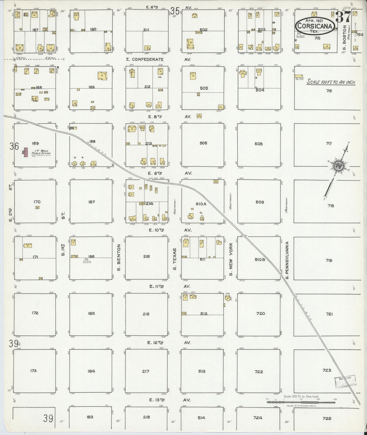 Sanborn Fire Insurance Map from Corsicana, Navarro County, Texas (1921), Sheet #0037 - Complete Map Set gallery image, historic Sanborn map, vintage wall art, Texas Texas