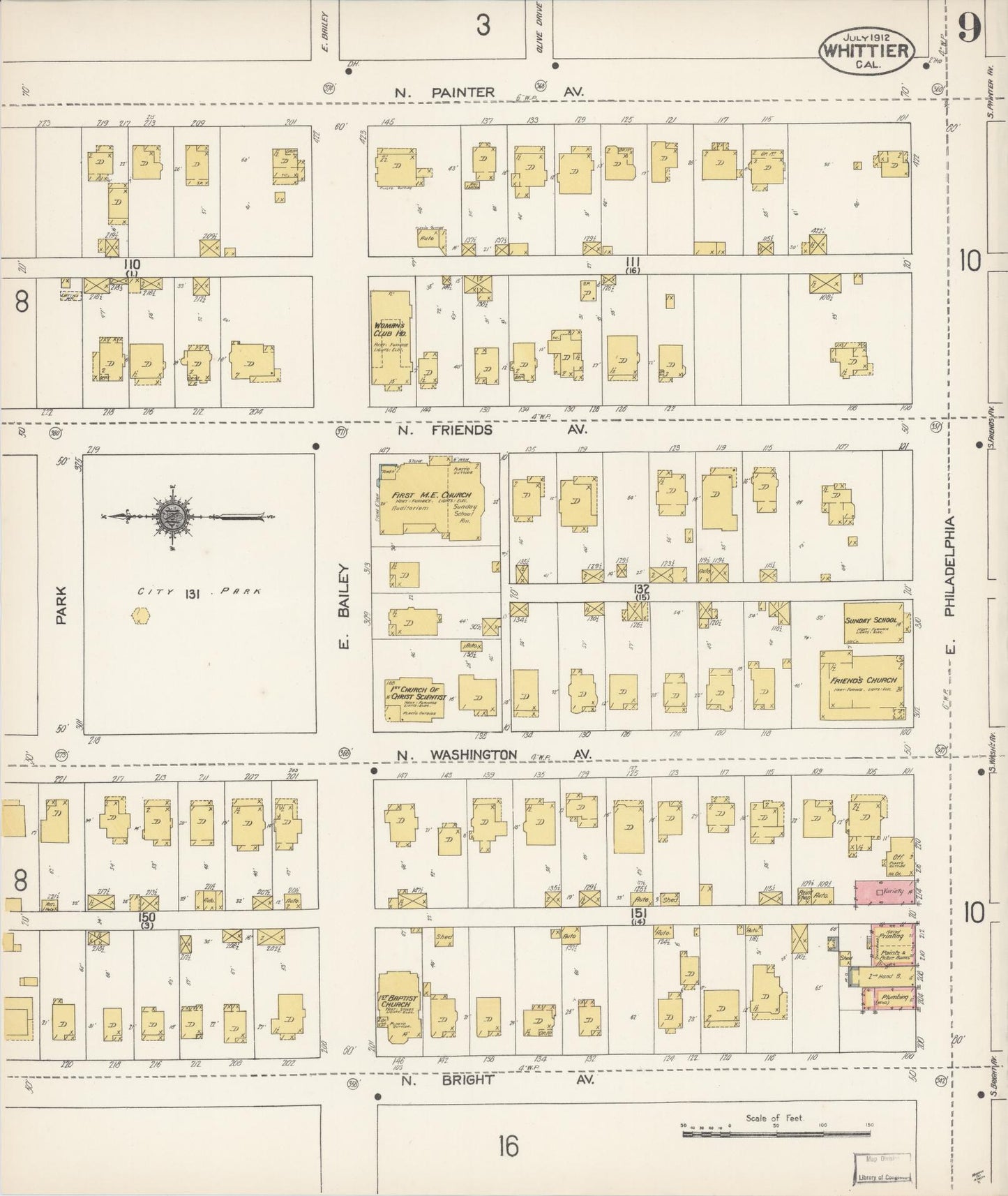 Sanborn Fire Insurance Map from Whittier, Los Angeles County, California (1912), Sheet #0009 - Complete Map Set gallery image, historic Sanborn map, vintage wall art, California California