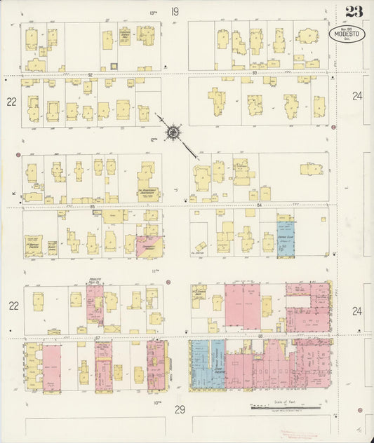 Sanborn Fire Insurance Map from Modesto, Stanislaus County, California (1919), Sheet #0023 - Historic Sanborn Fire Insurance Map Print, vintage old map wall art, antique decor, genealogy gift, California California map