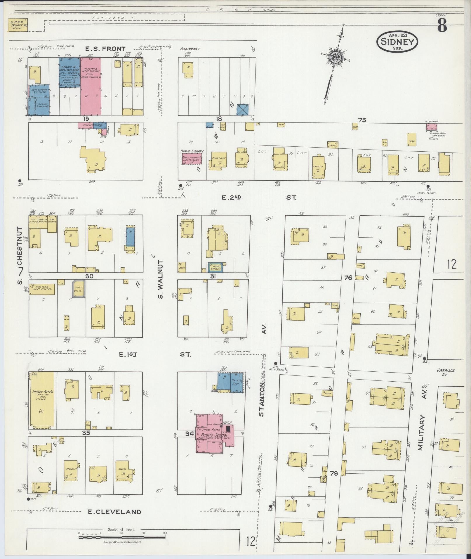 Sanborn Fire Insurance Map from Sidney, Cheyenne County, Nebraska (1921), Sheet #0008 - Complete Map Set gallery image, historic Sanborn map, vintage wall art, Nebraska Nebraska