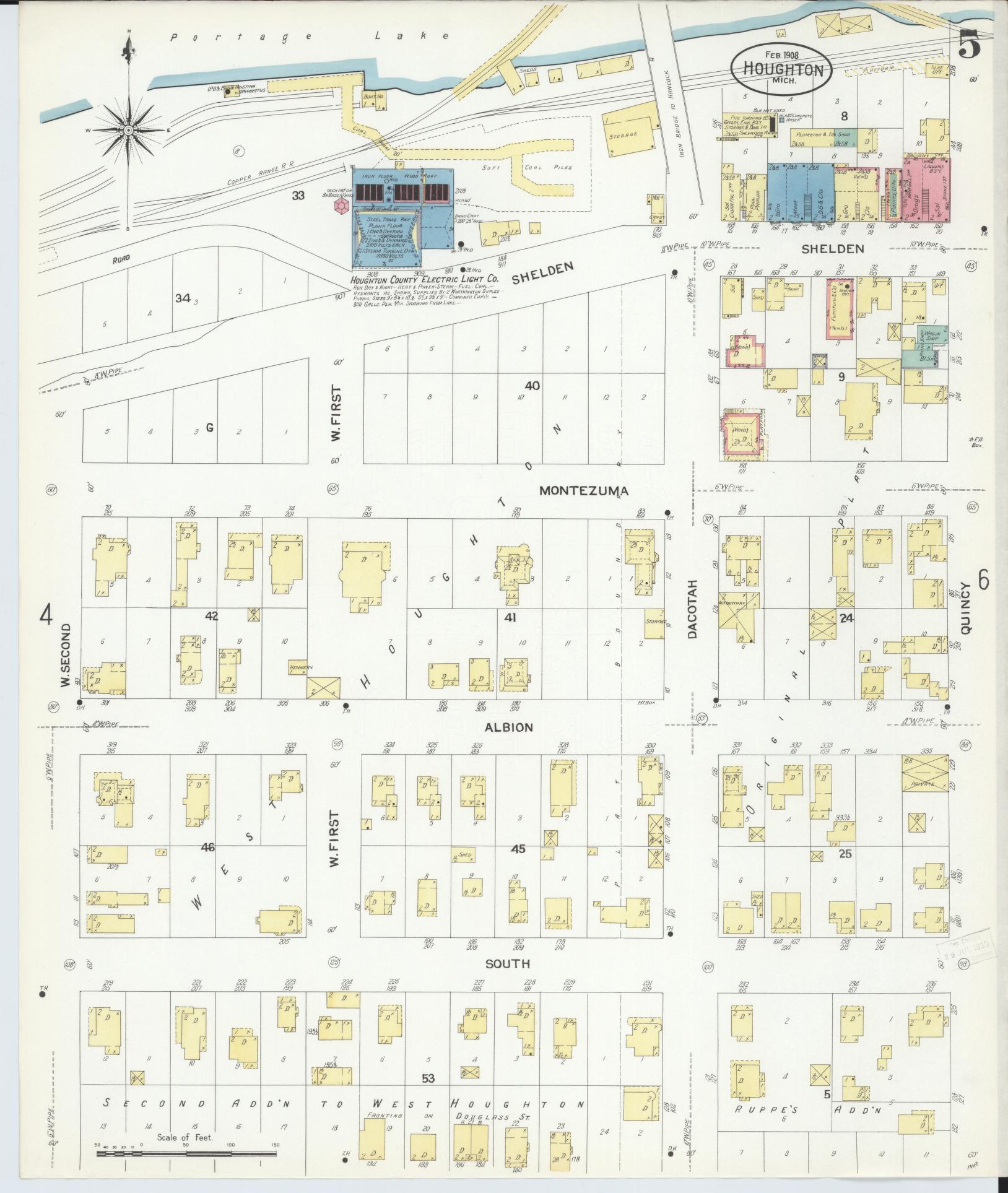 Sanborn Fire Insurance Map from Houghton, Houghton County, Michigan (1908), Sheet #0005 - Historic Sanborn Fire Insurance Map Print, vintage old map wall art, antique decor, genealogy gift, Michigan Michigan map