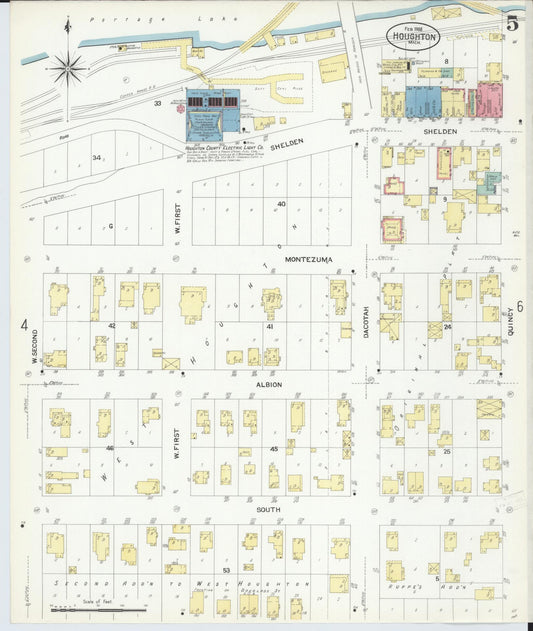 Sanborn Fire Insurance Map from Houghton, Houghton County, Michigan (1908), Sheet #0005 - Historic Sanborn Fire Insurance Map Print, vintage old map wall art, antique decor, genealogy gift, Michigan Michigan map