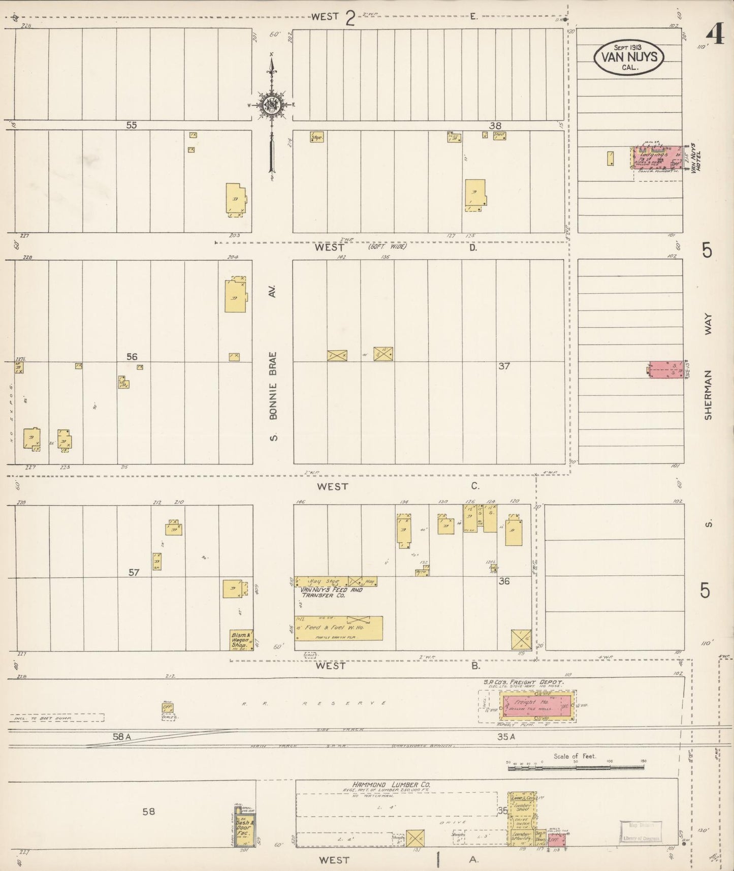 Sanborn Fire Insurance Map from Van Nuys, Los Angeles County, California (1913), Sheet #0004 - Complete Map Set gallery image, historic Sanborn map, vintage wall art, California California