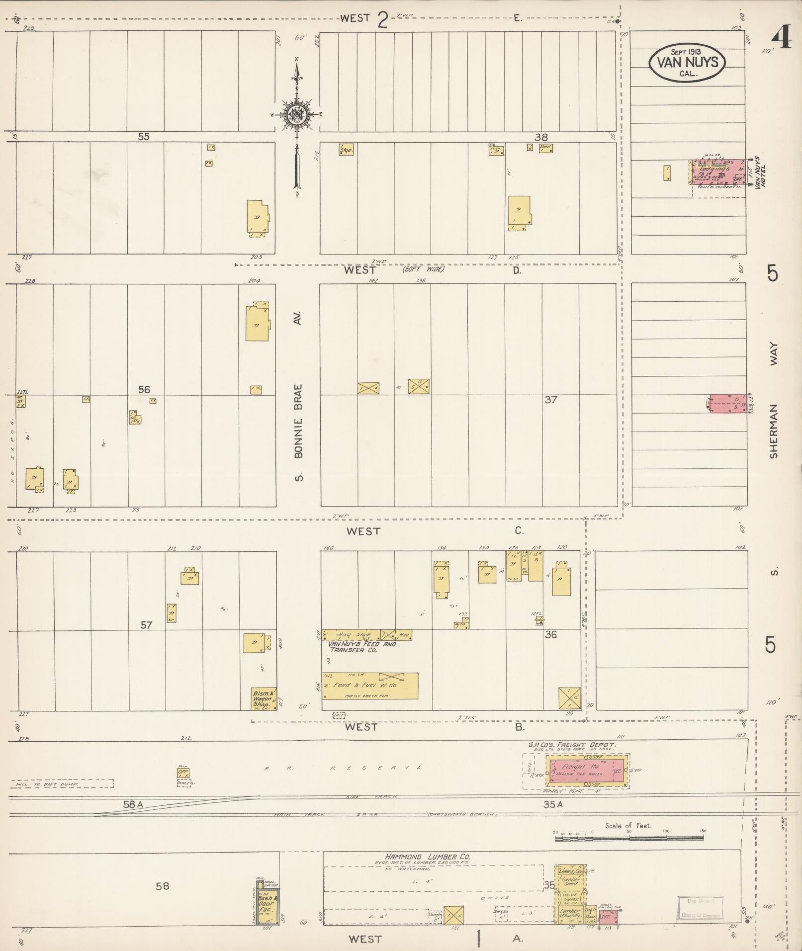 Sanborn Fire Insurance Map from Van Nuys, Los Angeles County, California (1913), Sheet #0004 - Complete Map Set gallery image, historic Sanborn map, vintage wall art, California California