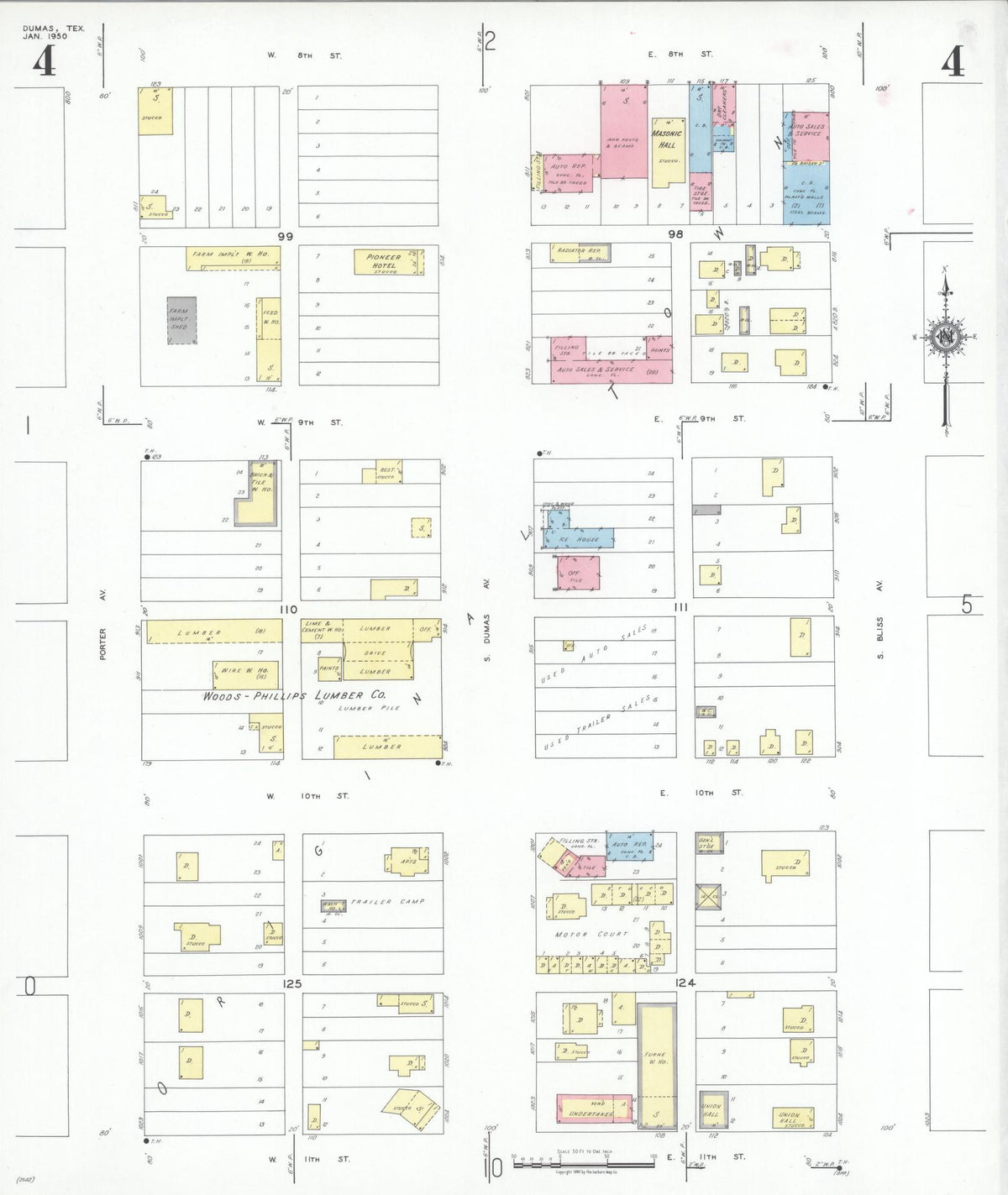 Sanborn Fire Insurance Map from Dumas, Moore County, Texas (1950), Sheet #0004 - Historic Sanborn Fire Insurance Map Print, vintage old map wall art, antique decor, genealogy gift, Texas Texas map