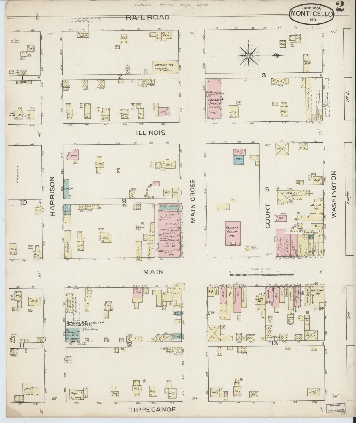 Sanborn Fire Insurance Map from Monticello, White County, Indiana (1886), Sheet #0002 - Historic Sanborn Fire Insurance Map Print, vintage old map wall art, antique decor, genealogy gift, Indiana Indiana map