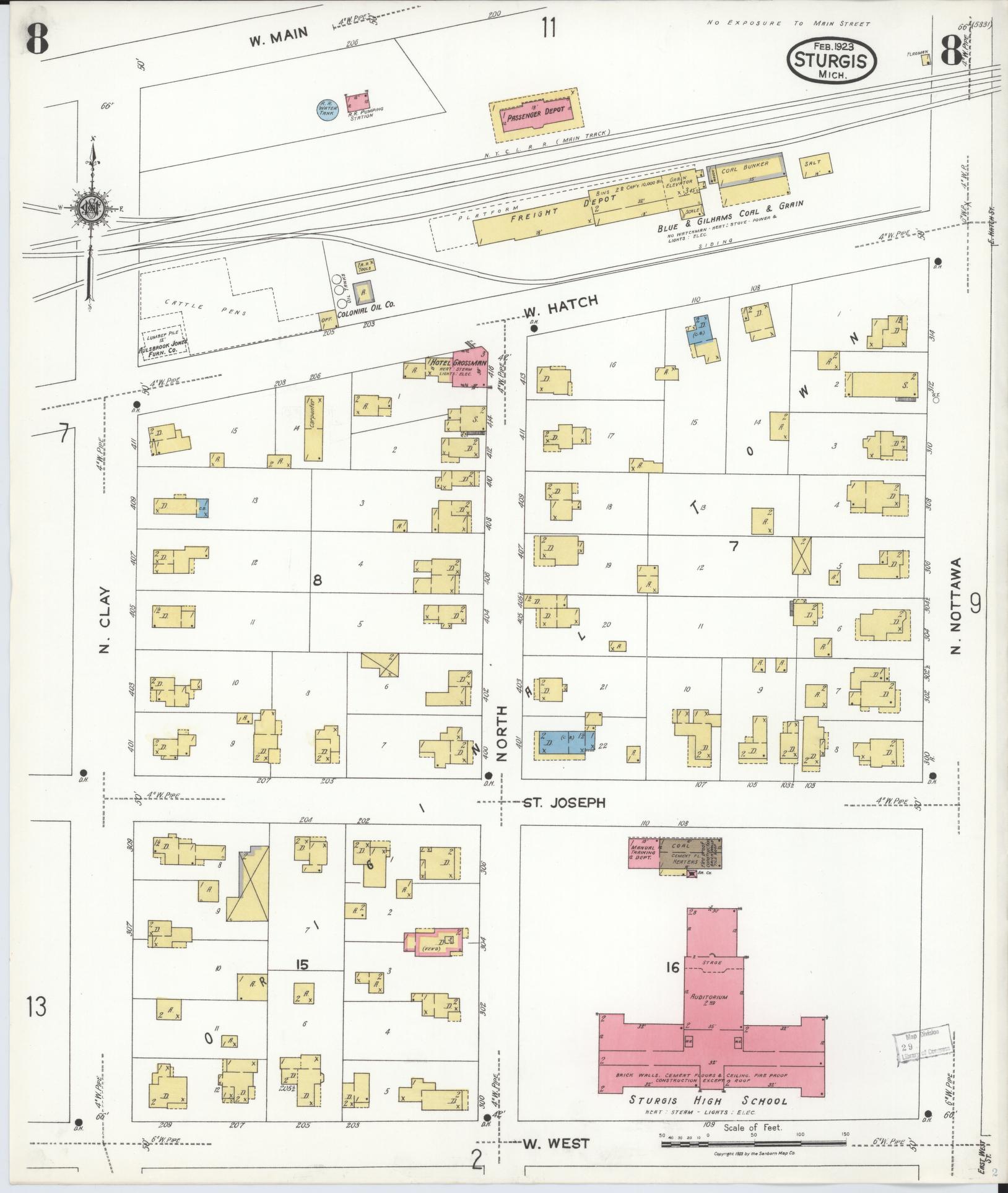 Sanborn Fire Insurance Map from Sturgis, Saint Joseph County, Michigan (1923), Sheet #0008 - Historic Sanborn Fire Insurance Map Print, vintage old map wall art, antique decor, genealogy gift, Michigan Michigan map
