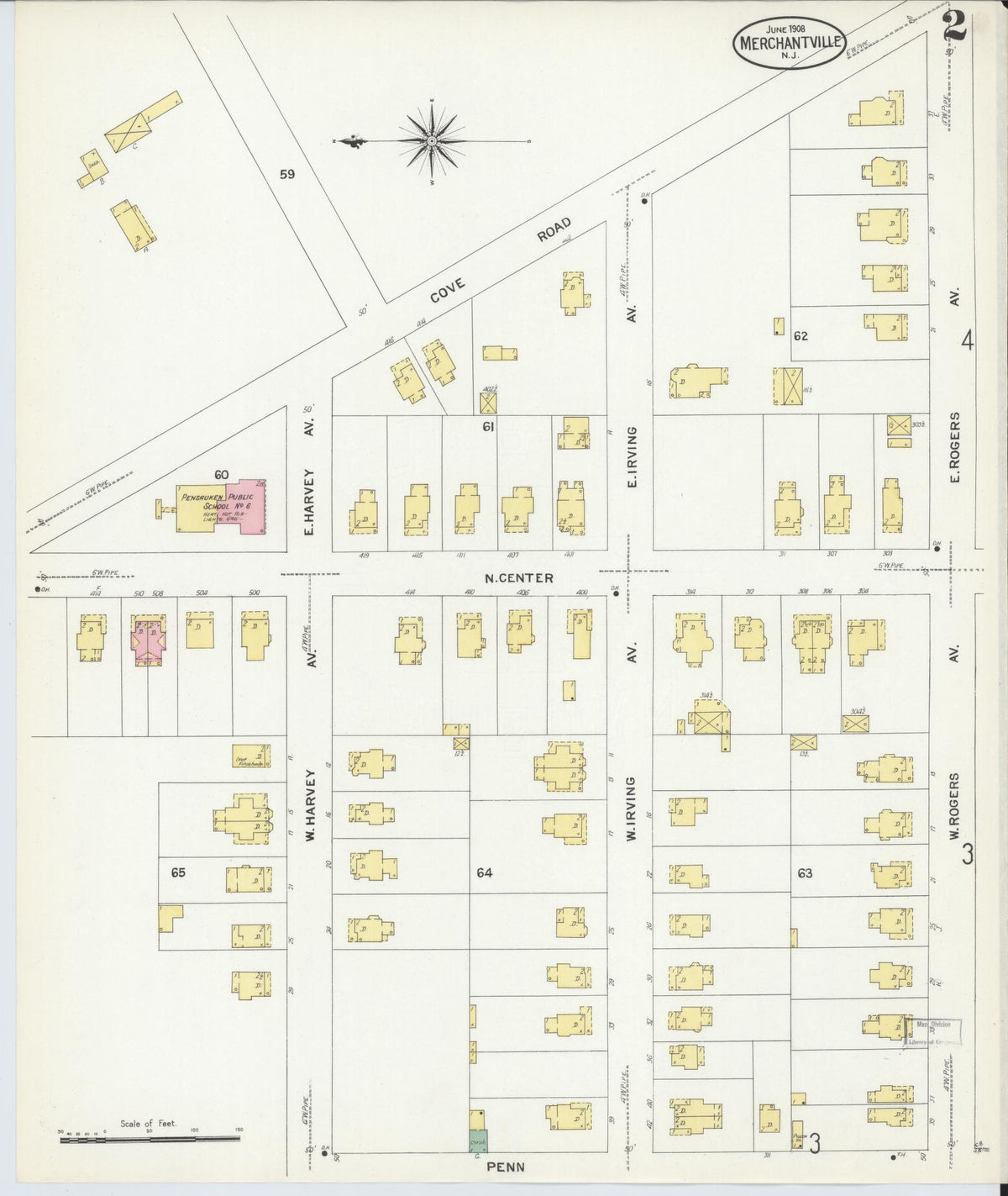 Sanborn Fire Insurance Map from Merchantville, Camden County, New Jersey (1908), Sheet #0002 - Historic Sanborn Fire Insurance Map Print, vintage old map wall art, antique decor, genealogy gift, New Jersey New Jersey map