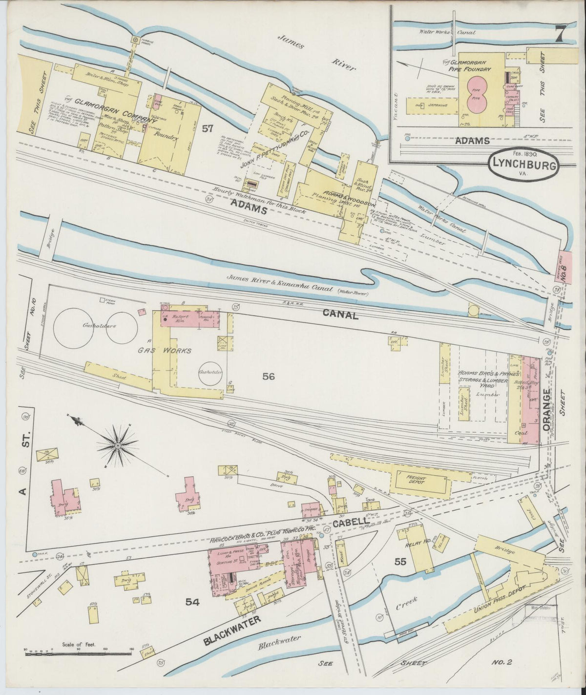 Sanborn Fire Insurance Map from Lynchburg, Independent Cities, Virginia (1890), Sheet #0007 - Historic Sanborn Fire Insurance Map Print, vintage old map wall art, antique decor, genealogy gift, Virginia Virginia map