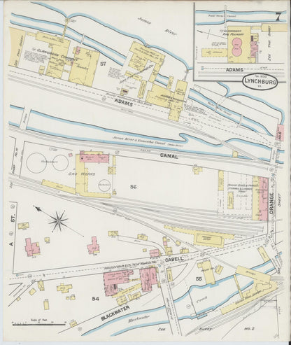 Sanborn Fire Insurance Map from Lynchburg, Independent Cities, Virginia (1890), Sheet #0007 - Historic Sanborn Fire Insurance Map Print, vintage old map wall art, antique decor, genealogy gift, Virginia Virginia map