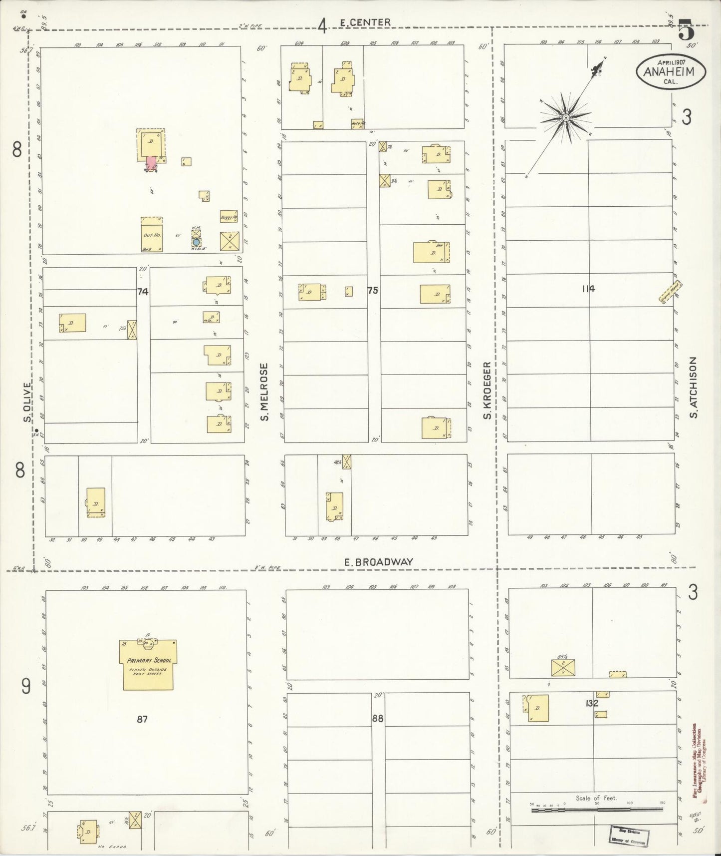 Sanborn Fire Insurance Map from Anaheim, Orange County, California (1907), Sheet #0005 - Historic Sanborn Fire Insurance Map Print, vintage old map wall art, antique decor, genealogy gift, California California map
