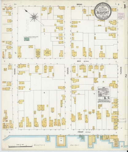 Sanborn Fire Insurance Map from Beaufort, Carteret County, North Carolina (1904), Sheet #0001 - Historic Sanborn Fire Insurance Map Print, vintage old map wall art, antique decor, genealogy gift, North Carolina North Carolina map