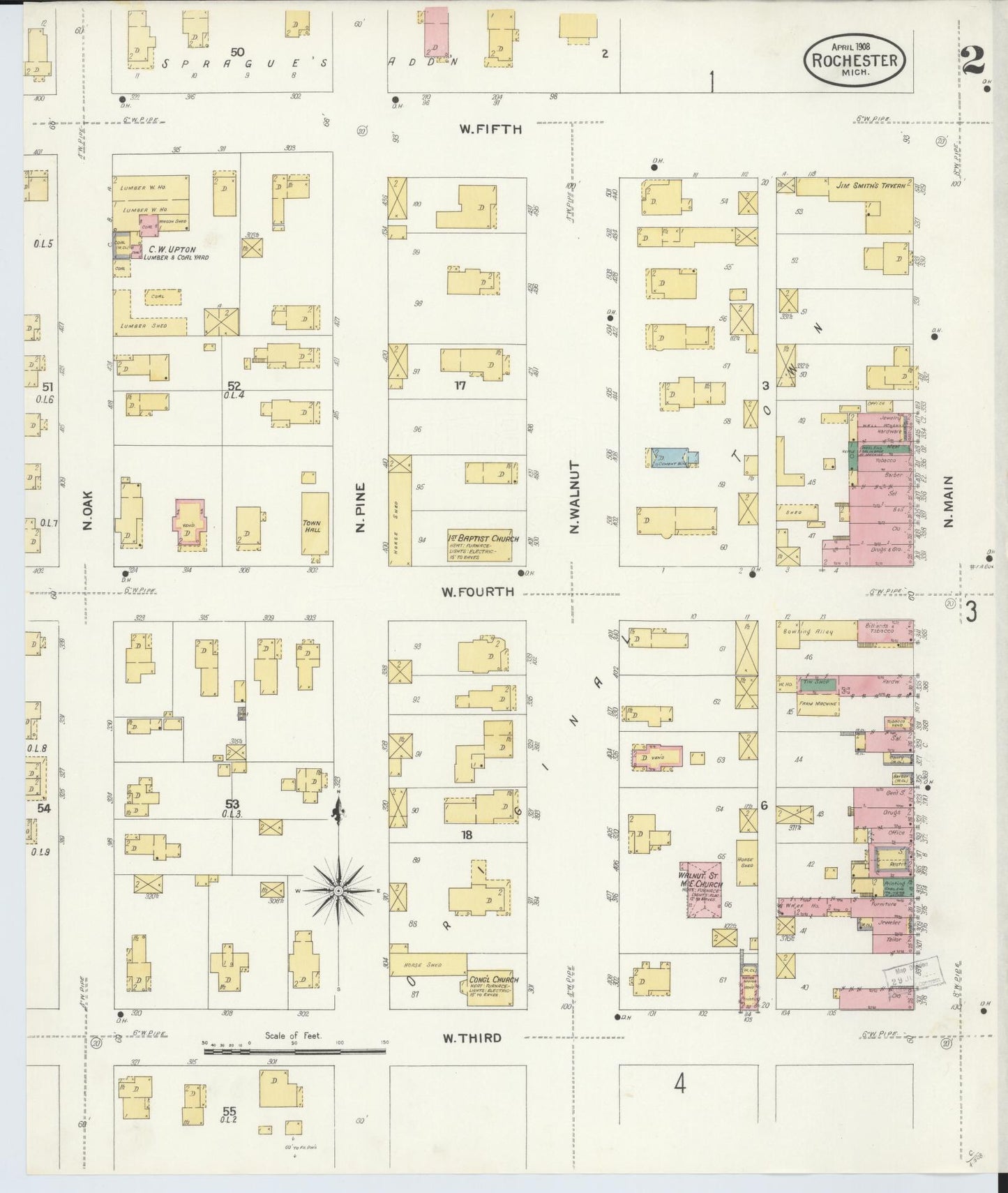 Sanborn Fire Insurance Map from Rochester, Oakland County, Michigan (1908), Sheet #0002 - Complete Map Set gallery image, historic Sanborn map, vintage wall art, Michigan Michigan