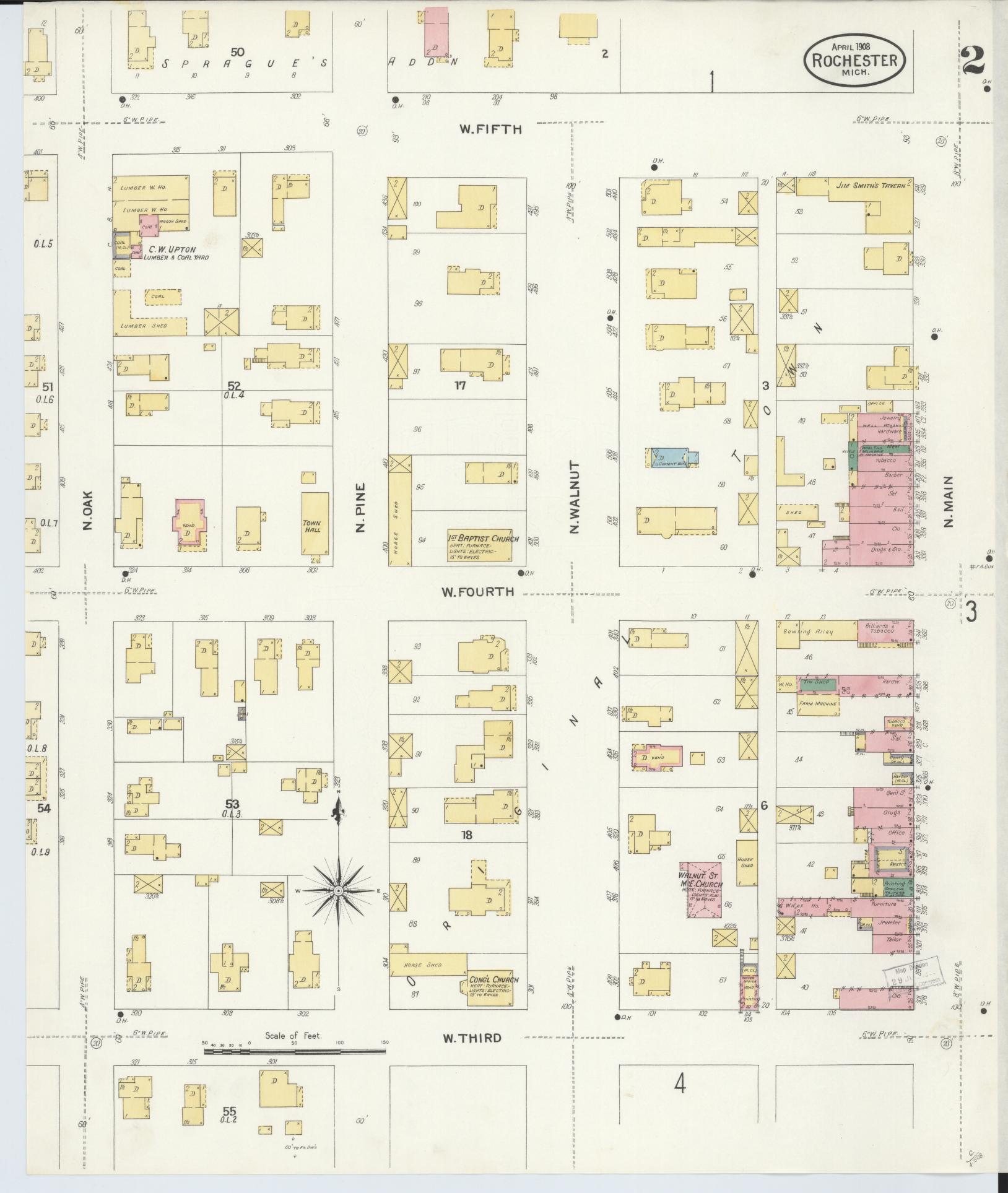 Sanborn Fire Insurance Map from Rochester, Oakland County, Michigan (1908), Sheet #0002 - Complete Map Set gallery image, historic Sanborn map, vintage wall art, Michigan Michigan