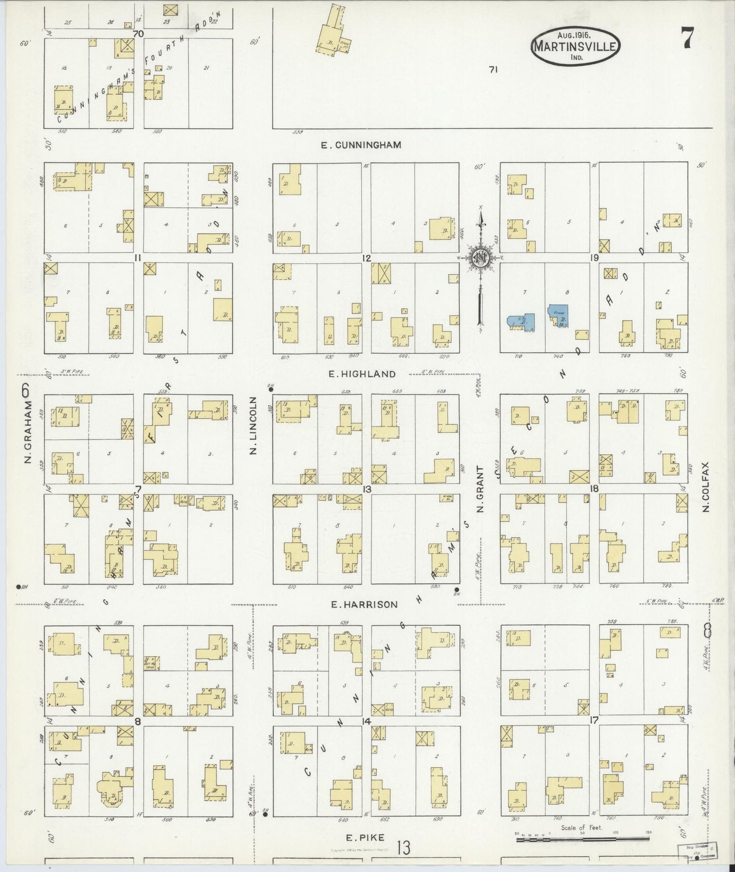 Sanborn Fire Insurance Map from Martinsville, Morgan County, Indiana (1916), Sheet #0007 - Historic Sanborn Fire Insurance Map Print, vintage old map wall art, antique decor, genealogy gift, Indiana Indiana map