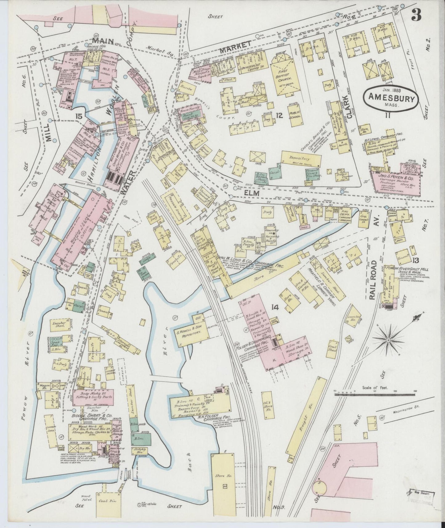 Sanborn Fire Insurance Map from Amesbury, Essex County, Massachusetts (1889), Sheet #0003 - Historic Sanborn Fire Insurance Map Print, vintage old map wall art, antique decor, genealogy gift, Massachusetts Massachusetts map
